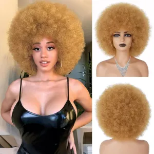 70s Afro Wig for Black Women Blonde Afro Kinky Curly Wig With Bangs Bouncy and Fluffy Heat Synthetic Short Afro Puff Wigs for Daily Party Costume Cosplay Halloween（Blonde,10inch）