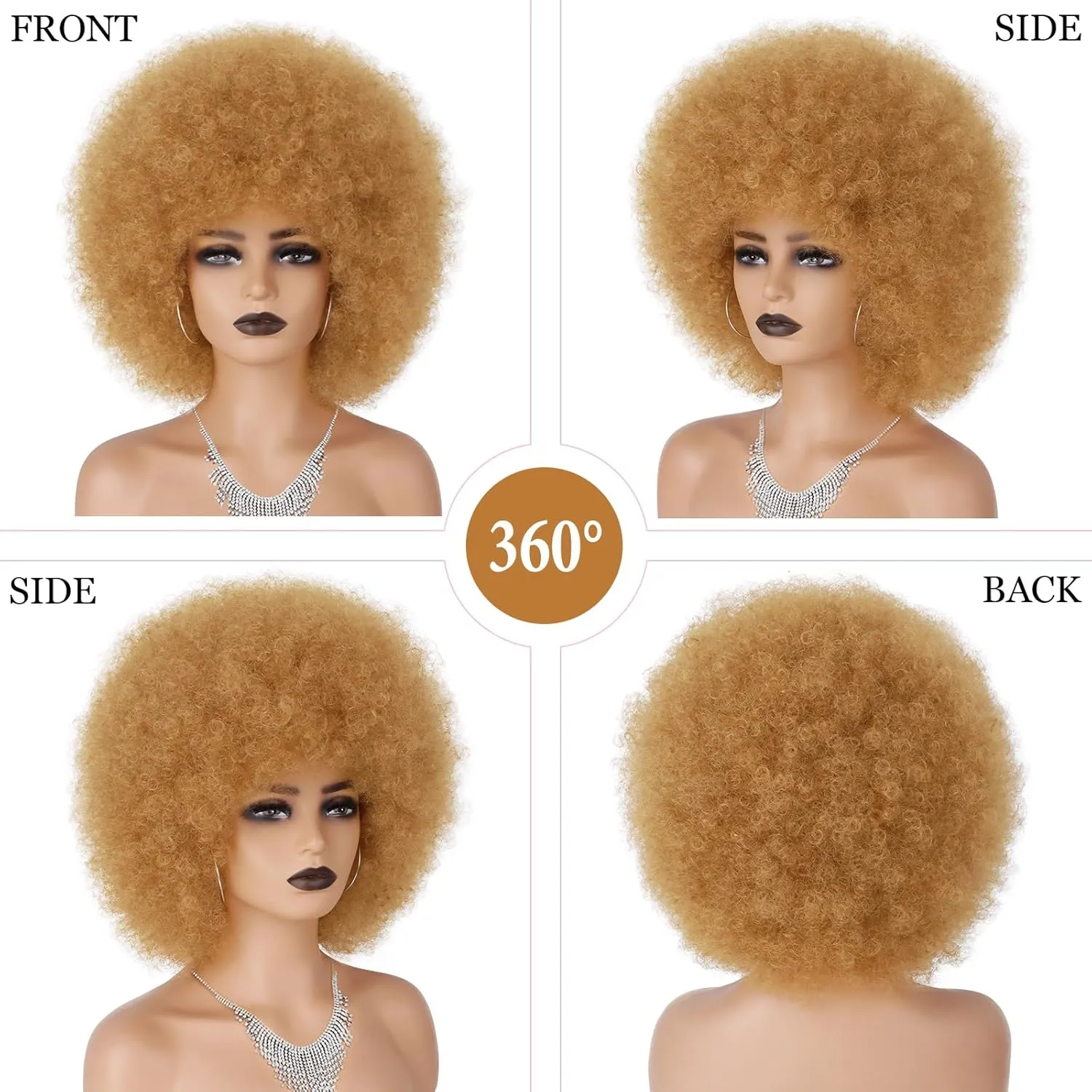 70s Afro Wig for Black Women Blonde Afro Kinky Curly Wig With Bangs Bouncy and Fluffy Heat Synthetic Short Afro Puff Wigs for Daily Party Costume Cosplay Halloween（Blonde,10inch）