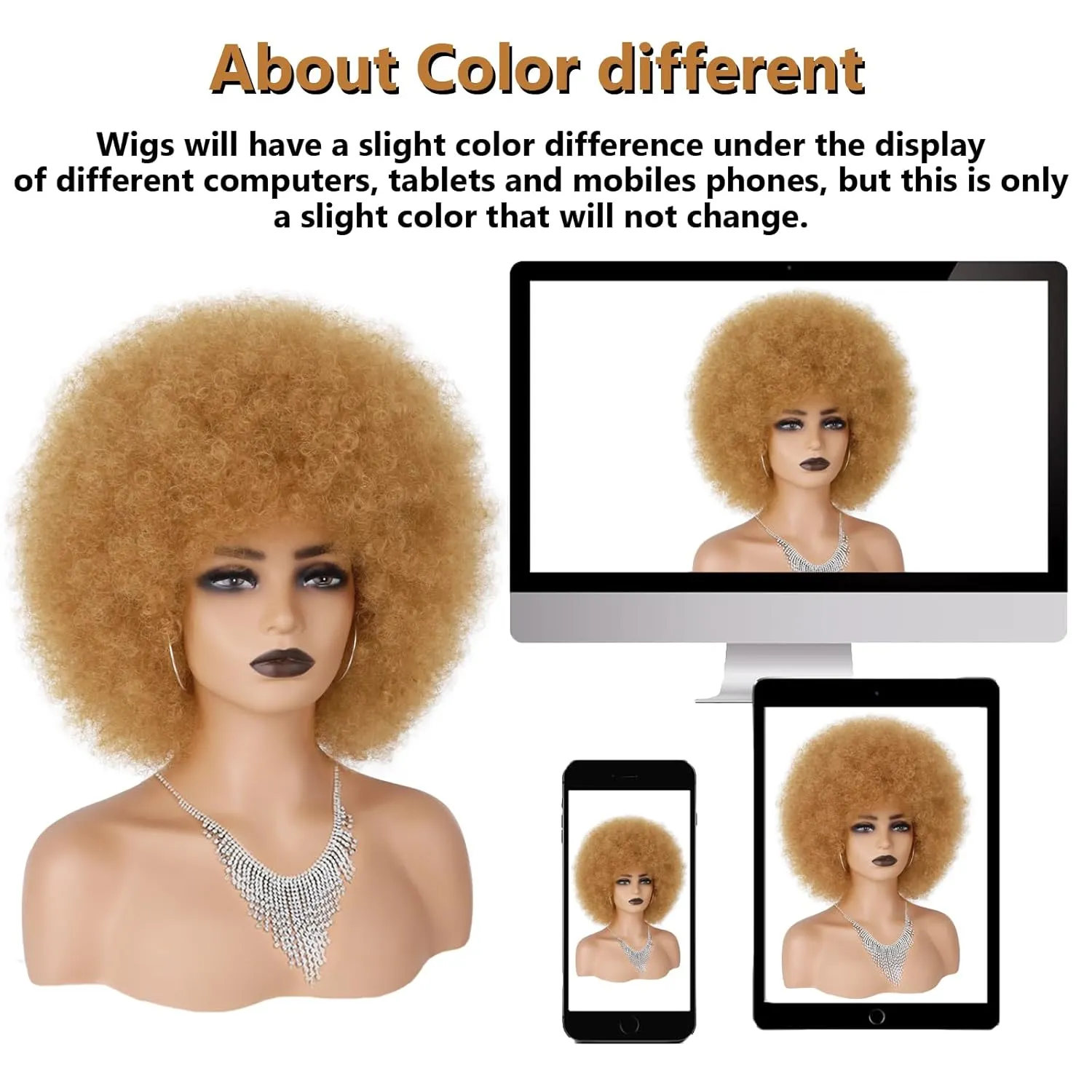 70s Afro Wig for Black Women Blonde Afro Kinky Curly Wig With Bangs Bouncy and Fluffy Heat Synthetic Short Afro Puff Wigs for Daily Party Costume Cosplay Halloween（Blonde,10inch）
