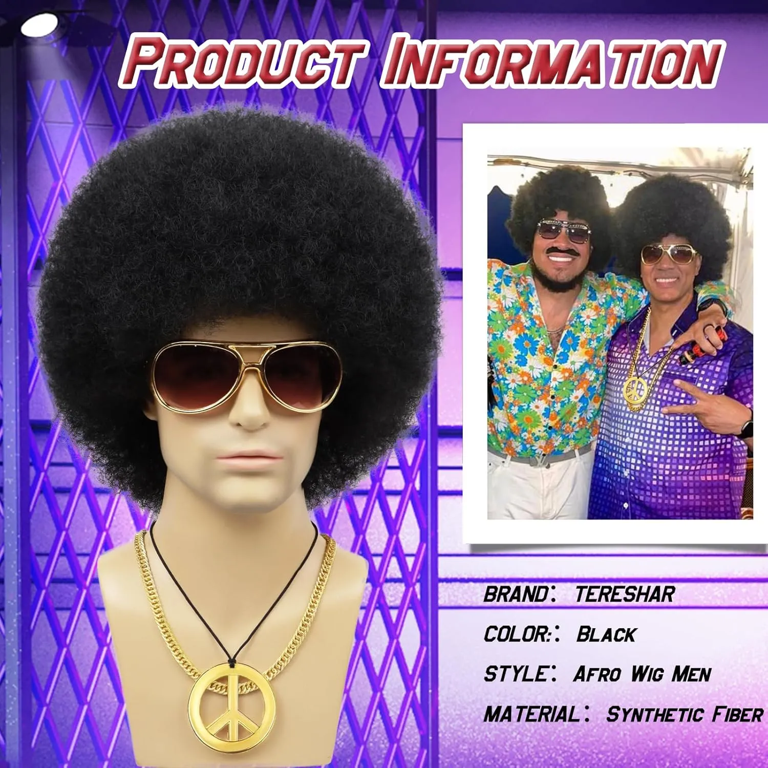 70s Mens Afro Wig for Disco Party, 5pcs Set (Glasses  Golden Chain Peace Sign Necklace  Wig Cap) Black Afro Curly Retro Disco Hippie Wigs for 70s 80s Costume Halloween Cosplay Use