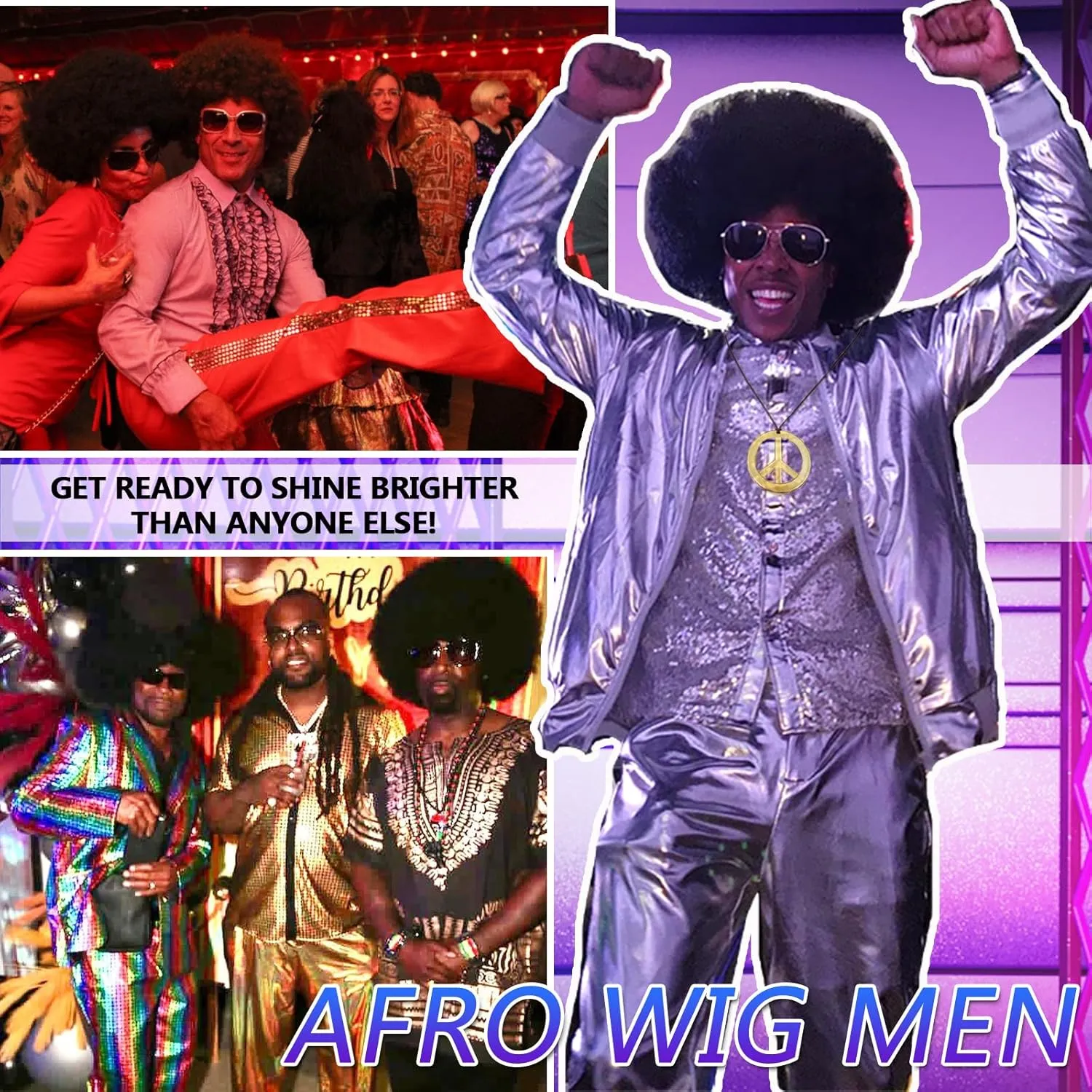 70s Mens Afro Wig for Disco Party, 5pcs Set (Glasses  Golden Chain Peace Sign Necklace  Wig Cap) Black Afro Curly Retro Disco Hippie Wigs for 70s 80s Costume Halloween Cosplay Use