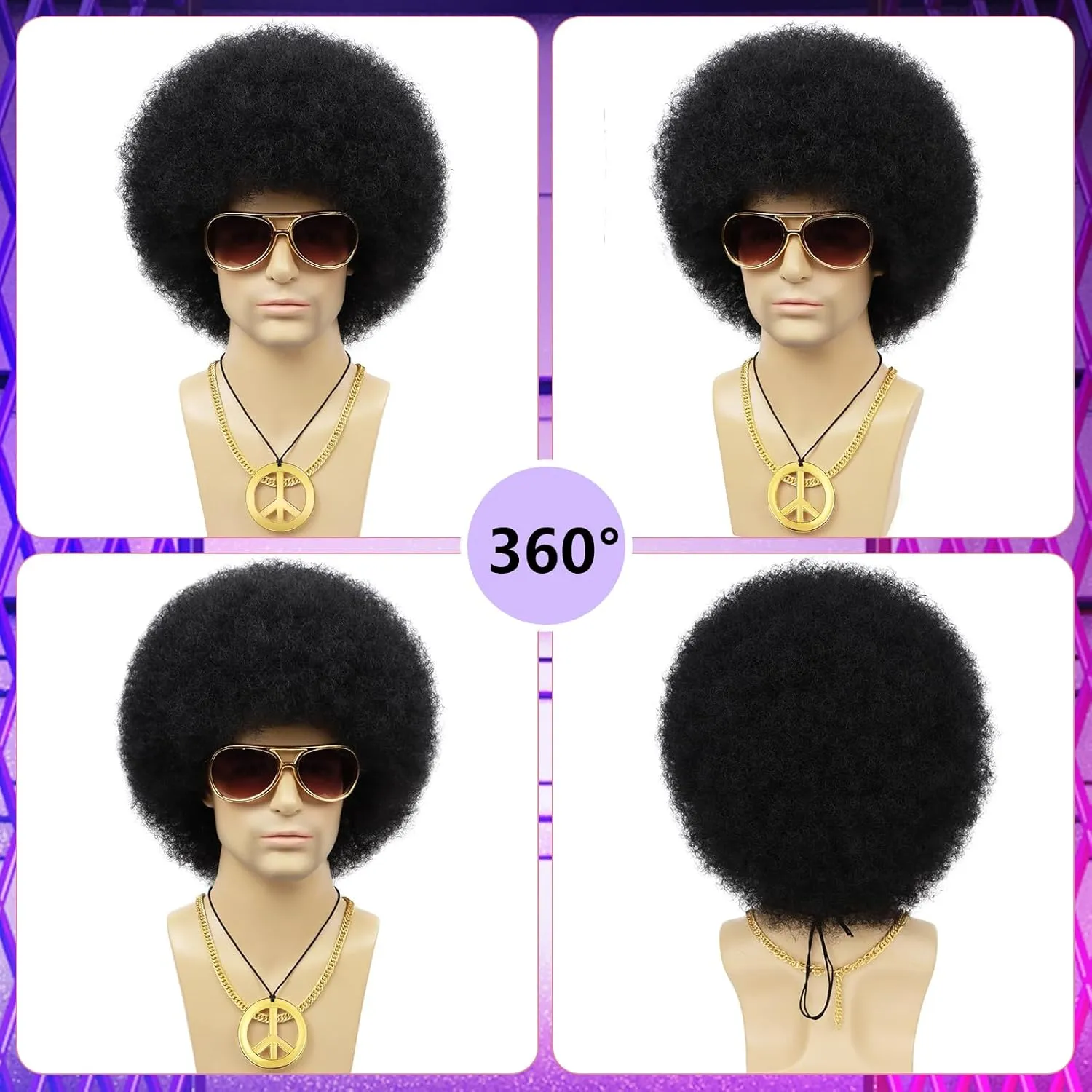 70s Mens Afro Wig for Disco Party, 5pcs Set (Glasses  Golden Chain Peace Sign Necklace  Wig Cap) Black Afro Curly Retro Disco Hippie Wigs for 70s 80s Costume Halloween Cosplay Use
