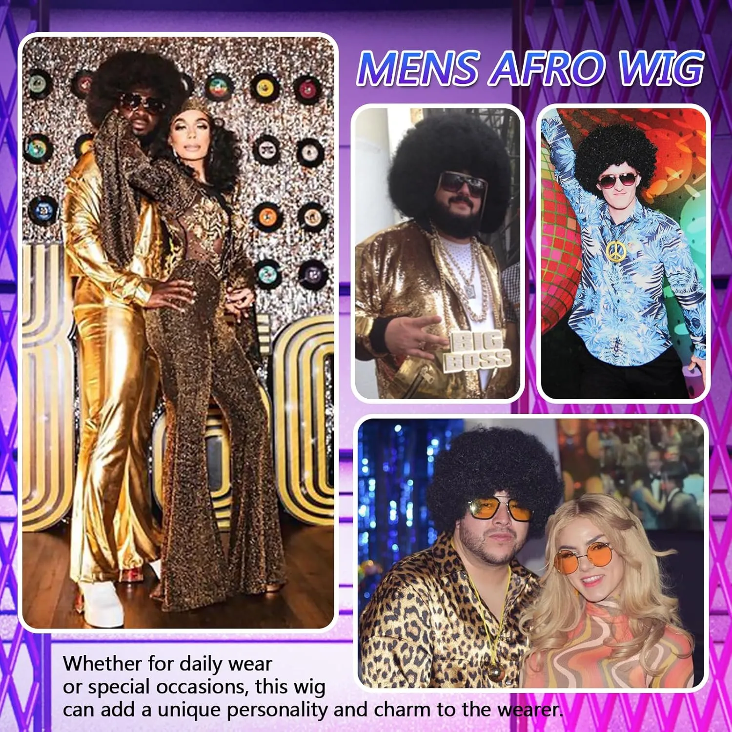 70s Mens Afro Wig for Disco Party, 5pcs Set (Glasses  Golden Chain Peace Sign Necklace  Wig Cap) Black Afro Curly Retro Disco Hippie Wigs for 70s 80s Costume Halloween Cosplay Use