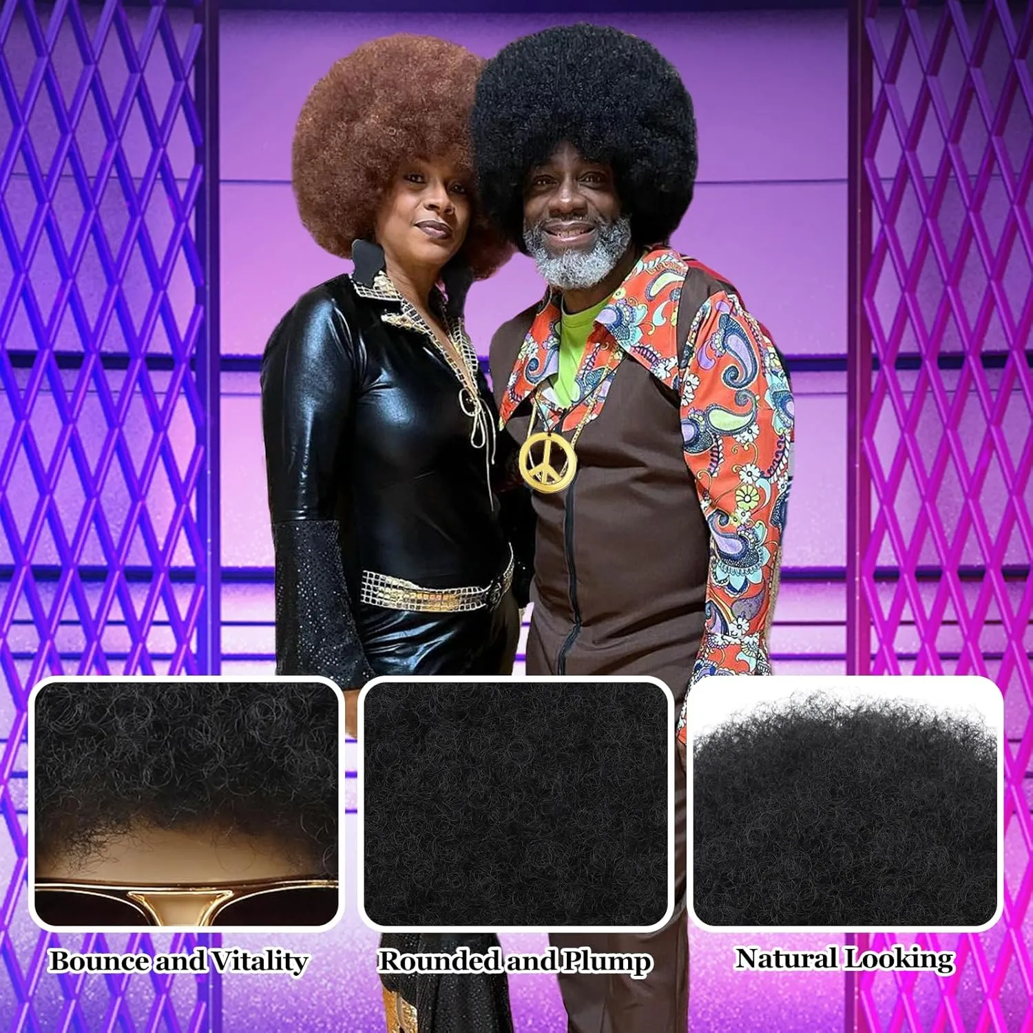 70s Mens Afro Wig for Disco Party, 5pcs Set (Glasses  Golden Chain Peace Sign Necklace  Wig Cap) Black Afro Curly Retro Disco Hippie Wigs for 70s 80s Costume Halloween Cosplay Use