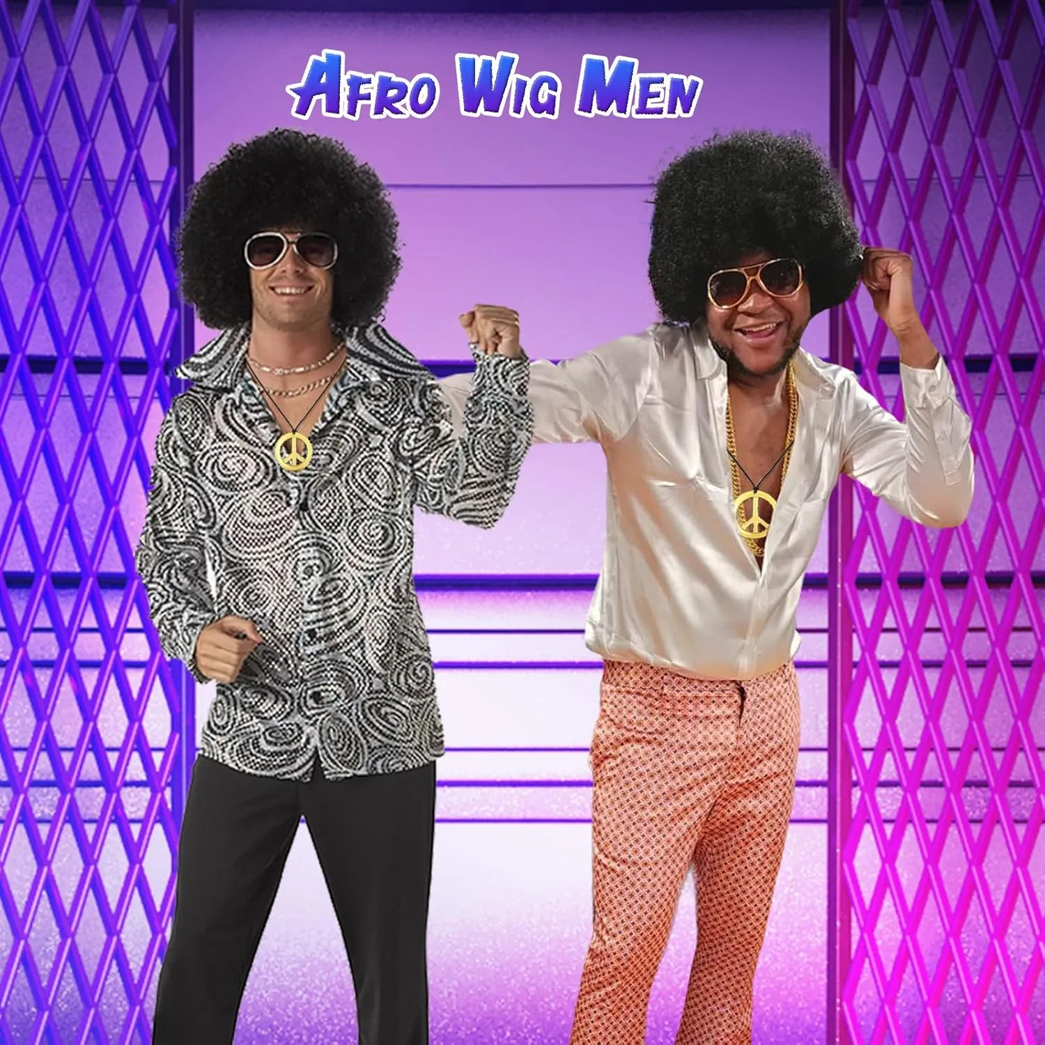 70s Mens Afro Wig for Disco Party, 5pcs Set (Glasses  Golden Chain Peace Sign Necklace  Wig Cap) Black Afro Curly Retro Disco Hippie Wigs for 70s 80s Costume Halloween Cosplay Use