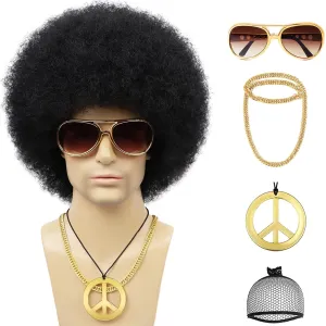 70s Mens Afro Wig for Disco Party, 5pcs Set (Glasses  Golden Chain Peace Sign Necklace  Wig Cap) Black Afro Curly Retro Disco Hippie Wigs for 70s 80s Costume Halloween Cosplay Use