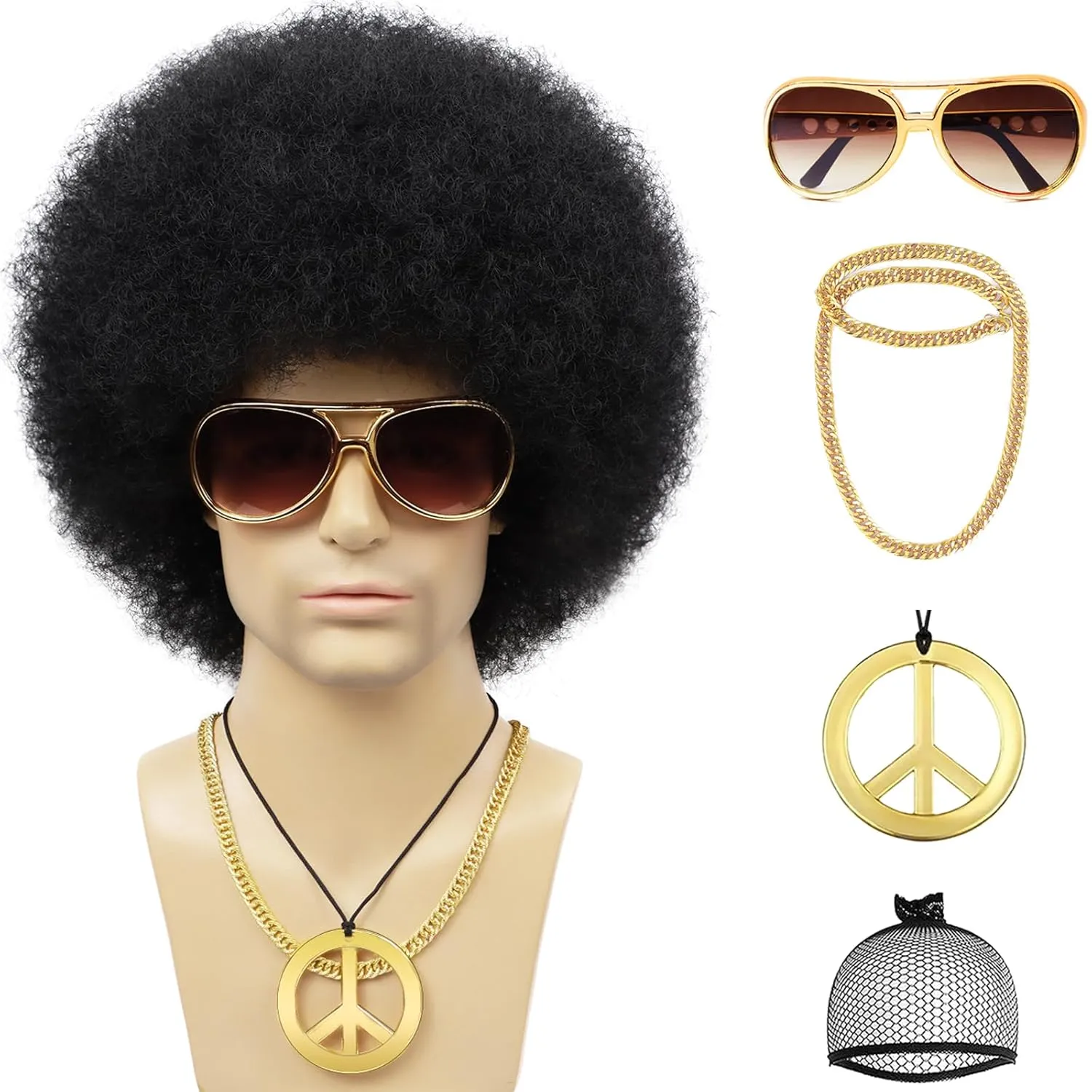70s Mens Afro Wig for Disco Party, 5pcs Set (Glasses  Golden Chain Peace Sign Necklace  Wig Cap) Black Afro Curly Retro Disco Hippie Wigs for 70s 80s Costume Halloween Cosplay Use