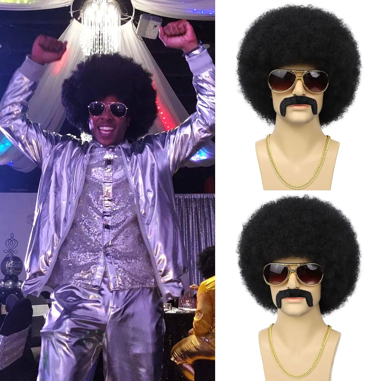 70S Men’s Afro Wig for Disco Party, 5pcs Set (Glasses  Necklace  Mustache  Wig Cap) Black Afro Curly Retro Disco Rocker Wigs for 70S 80S Costume Halloween Cosplay Use