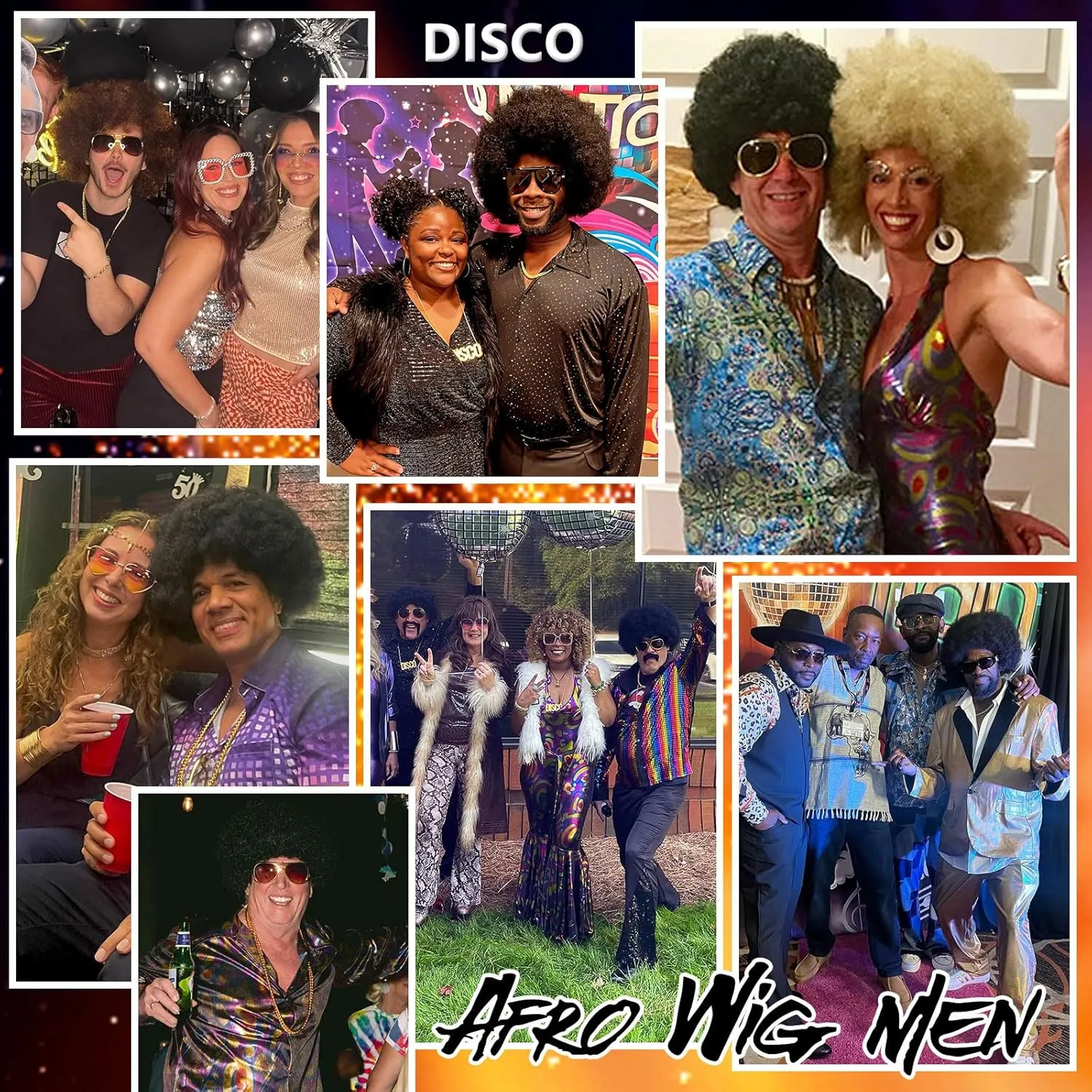 70S Men’s Afro Wig for Disco Party, 5pcs Set (Glasses  Necklace  Mustache  Wig Cap) Black Afro Curly Retro Disco Rocker Wigs for 70S 80S Costume Halloween Cosplay Use