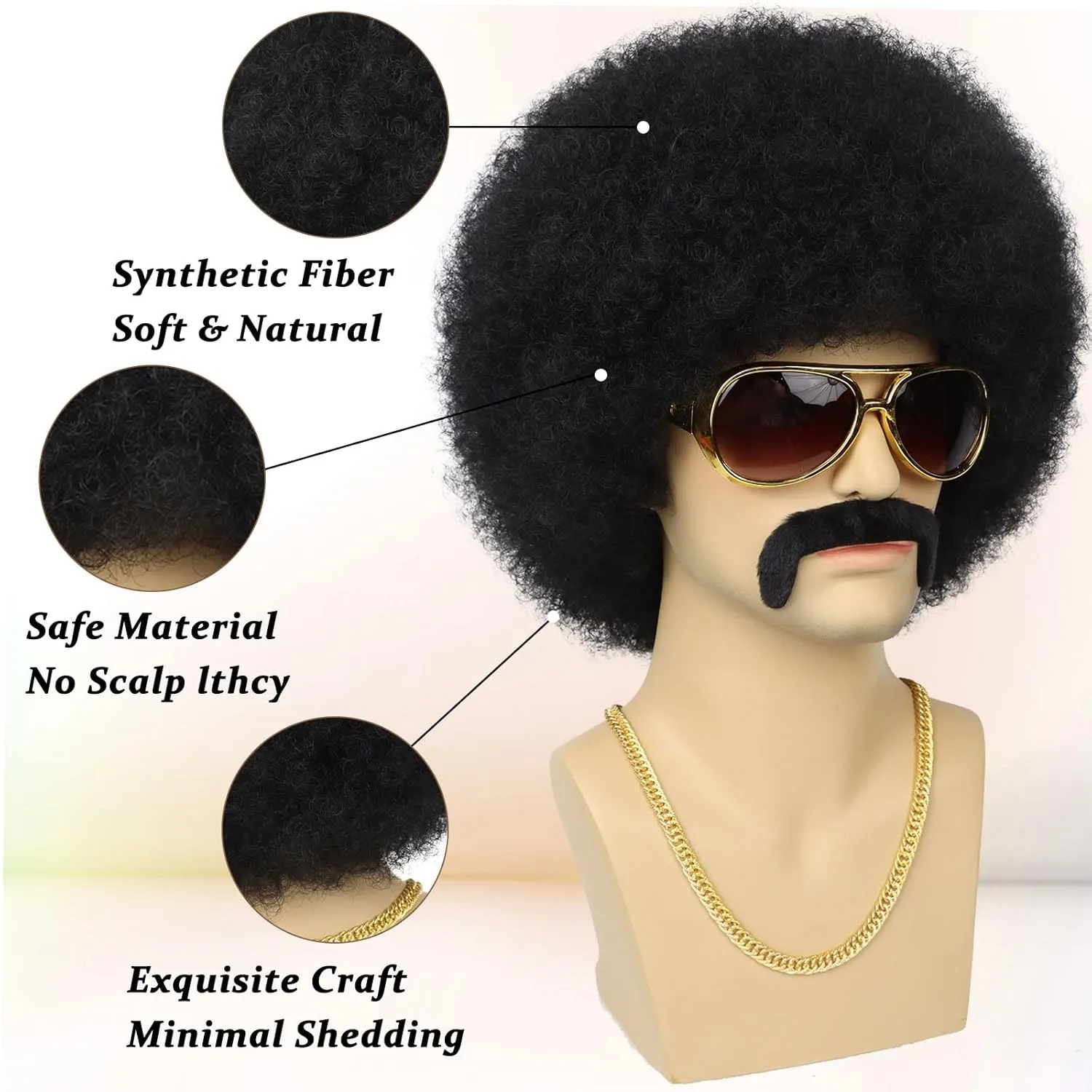 70S Men’s Afro Wig for Disco Party, 5pcs Set (Glasses  Necklace  Mustache  Wig Cap) Black Afro Curly Retro Disco Rocker Wigs for 70S 80S Costume Halloween Cosplay Use