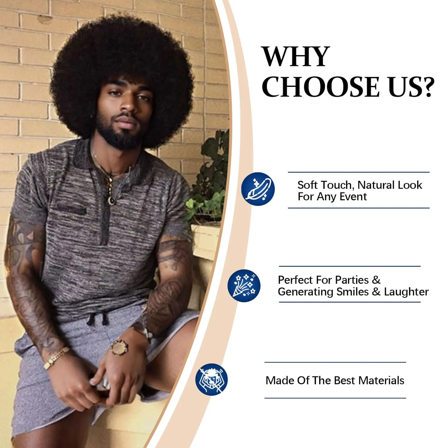 70S Men’s Afro Wig for Disco Party, 5pcs Set (Glasses  Necklace  Mustache  Wig Cap) Black Afro Curly Retro Disco Rocker Wigs for 70S 80S Costume Halloween Cosplay Use