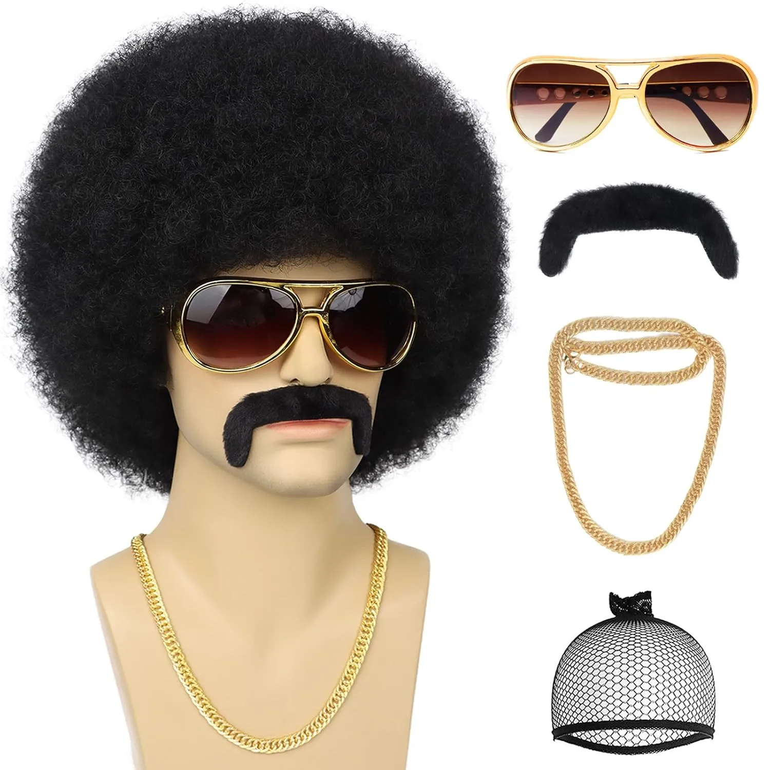 70S Men’s Afro Wig for Disco Party, 5pcs Set (Glasses  Necklace  Mustache  Wig Cap) Black Afro Curly Retro Disco Rocker Wigs for 70S 80S Costume Halloween Cosplay Use