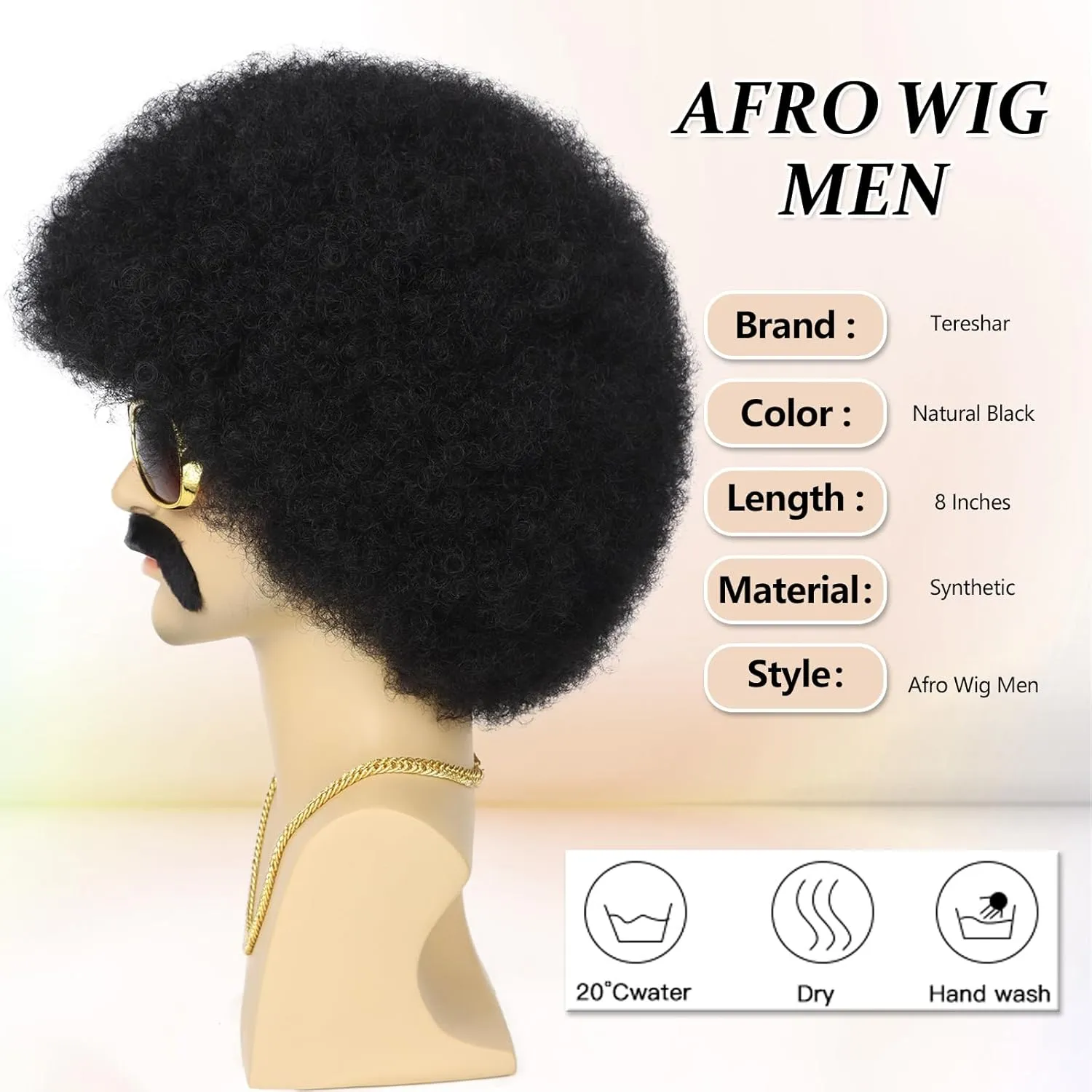 70S Men’s Afro Wig for Disco Party, 5pcs Set (Glasses  Necklace  Mustache  Wig Cap) Black Afro Curly Retro Disco Rocker Wigs for 70S 80S Costume Halloween Cosplay Use
