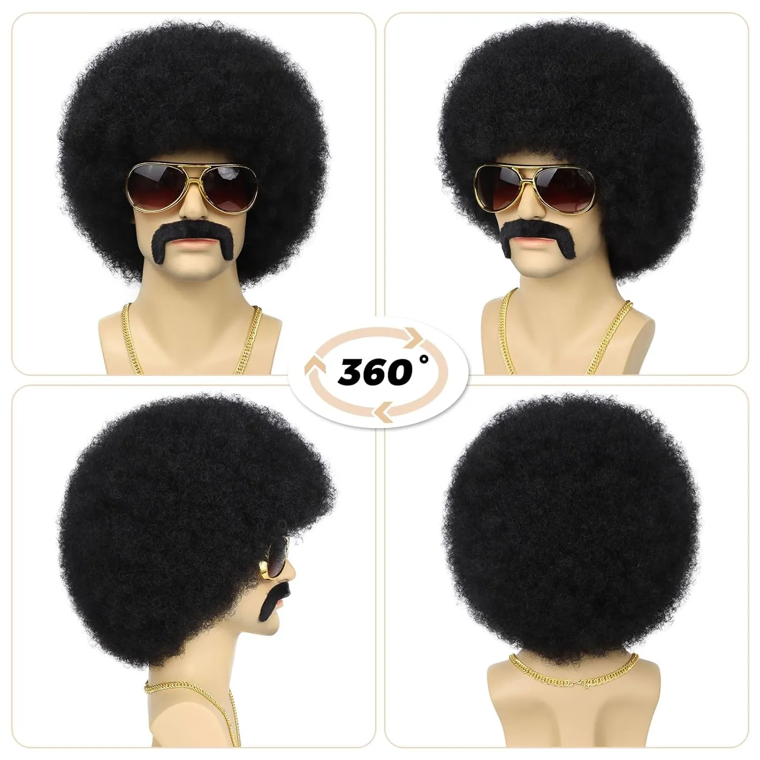 70S Men’s Afro Wig for Disco Party, 5pcs Set (Glasses  Necklace  Mustache  Wig Cap) Black Afro Curly Retro Disco Rocker Wigs for 70S 80S Costume Halloween Cosplay Use