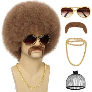 70S Men’s Afro Wig for Disco Party, 5pcs Set (Glasses  Necklace  Mustache  Wig Cap) Brown Afro Curly Hippie Rocker Wigs for 70S 80S Costume Halloween Cosplay Use