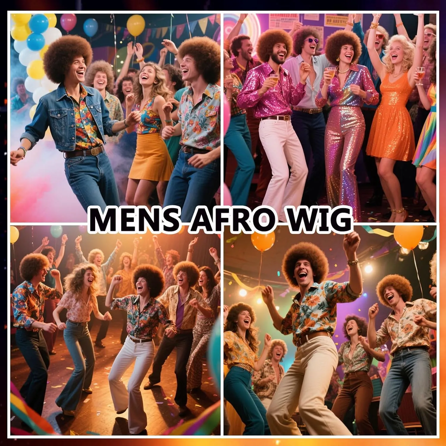 70S Men’s Afro Wig for Disco Party, 5pcs Set (Glasses  Necklace  Mustache  Wig Cap) Brown Afro Curly Hippie Rocker Wigs for 70S 80S Costume Halloween Cosplay Use