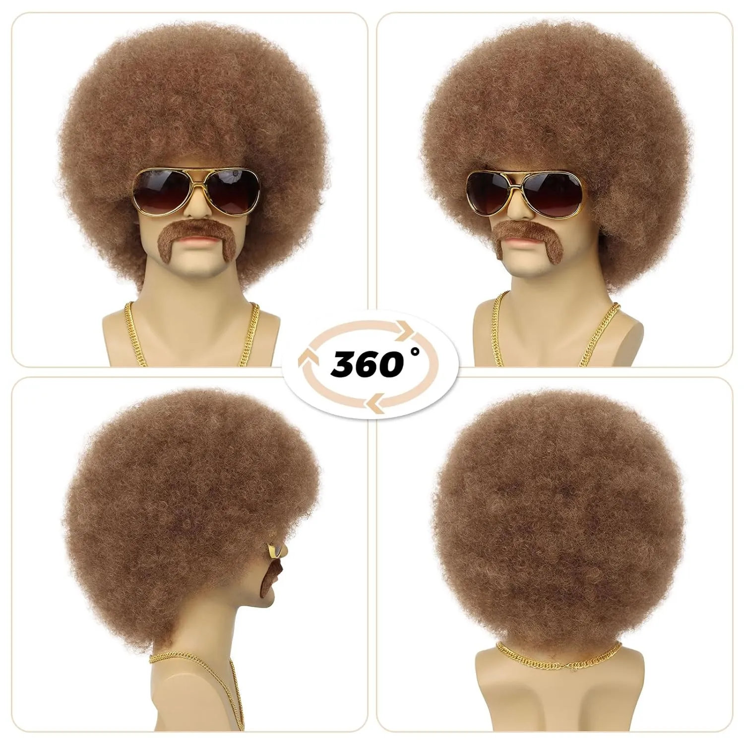 70S Men’s Afro Wig for Disco Party, 5pcs Set (Glasses  Necklace  Mustache  Wig Cap) Brown Afro Curly Hippie Rocker Wigs for 70S 80S Costume Halloween Cosplay Use
