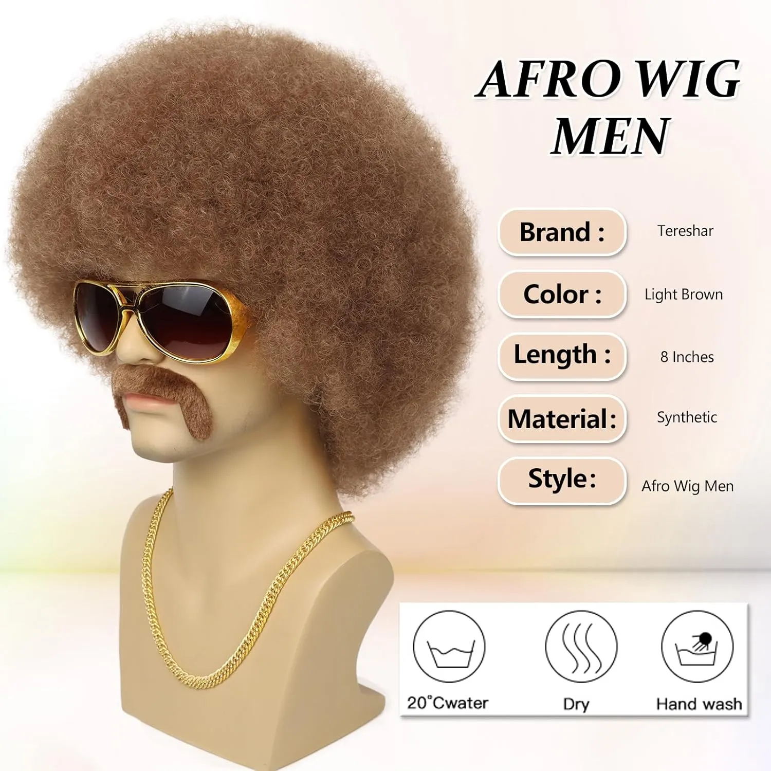 70S Men’s Afro Wig for Disco Party, 5pcs Set (Glasses  Necklace  Mustache  Wig Cap) Brown Afro Curly Hippie Rocker Wigs for 70S 80S Costume Halloween Cosplay Use