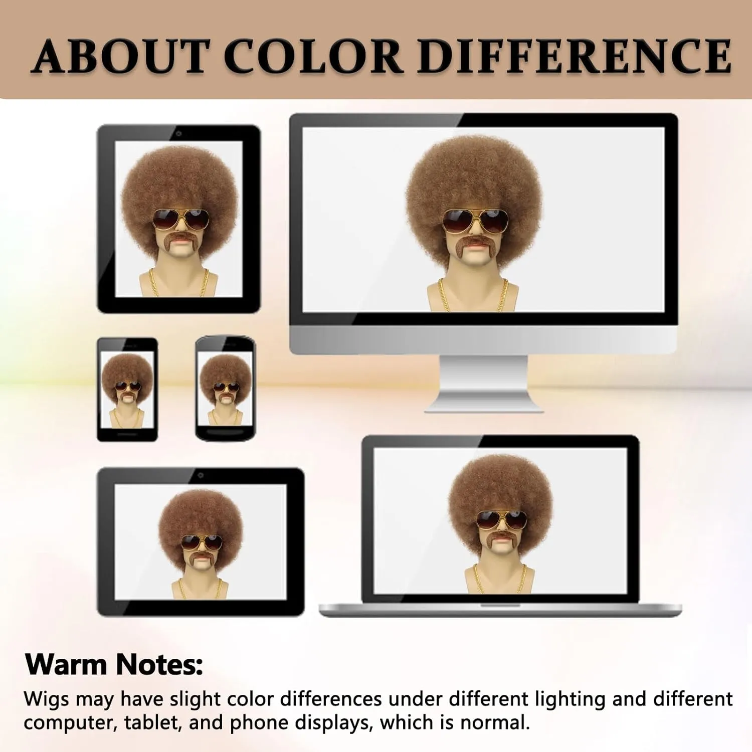 70S Men’s Afro Wig for Disco Party, 5pcs Set (Glasses  Necklace  Mustache  Wig Cap) Brown Afro Curly Hippie Rocker Wigs for 70S 80S Costume Halloween Cosplay Use