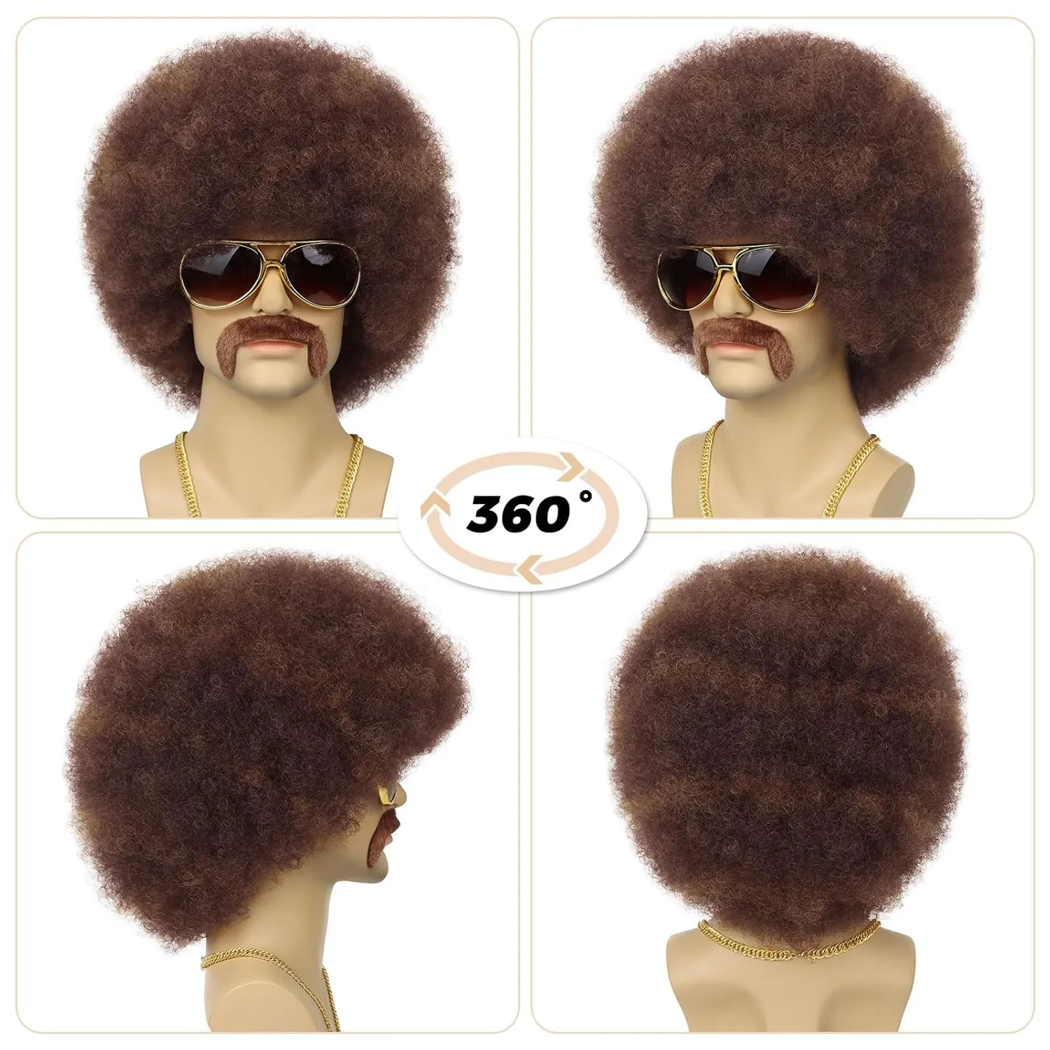 70S Men’s Afro Wig for Disco Party, 5pcs Set (Glasses  Necklace  Mustache  Wig Cap) Brown Mix Blonde Afro Curly Hippie Rocker Wigs for 70S 80S Costume Halloween Cosplay Use
