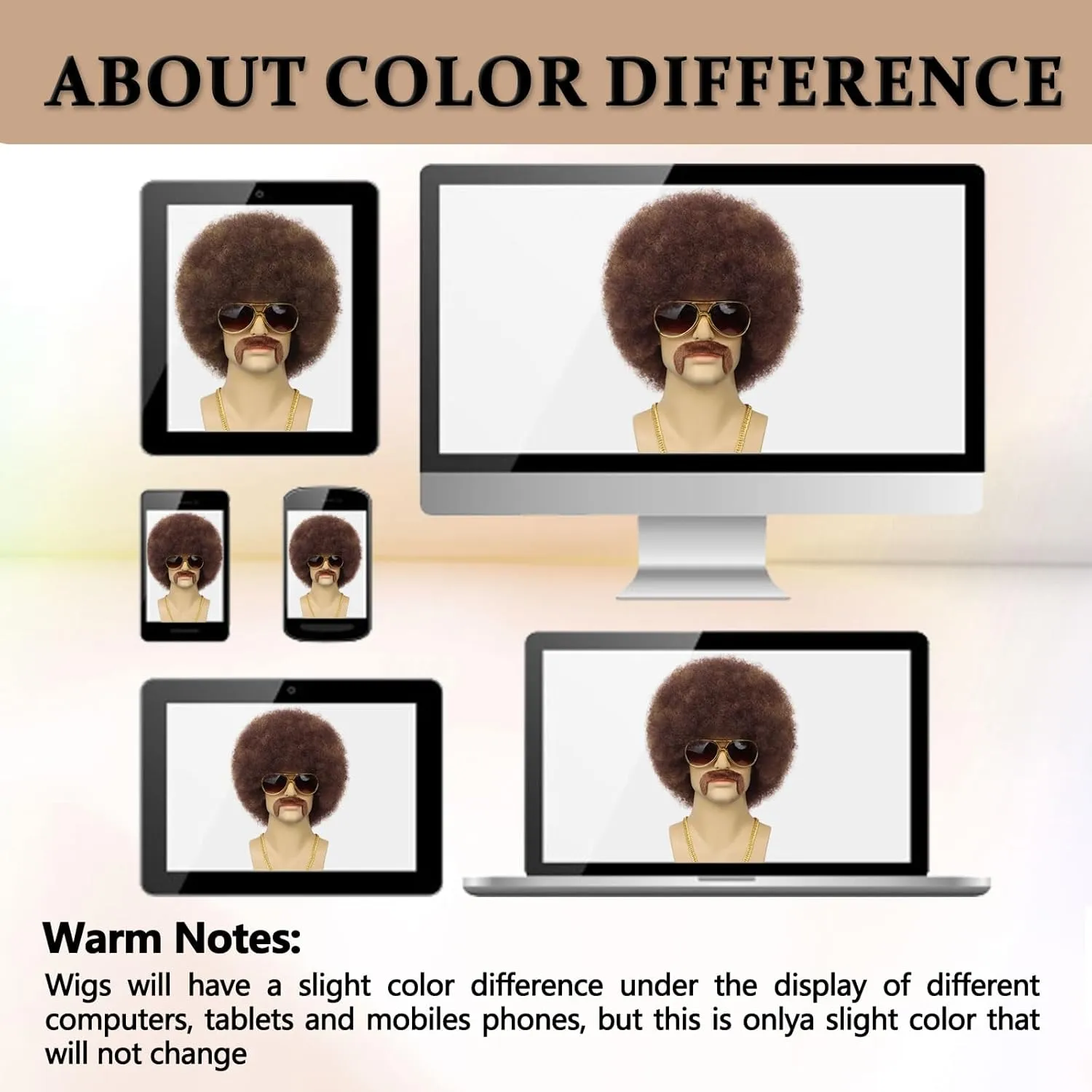 70S Men’s Afro Wig for Disco Party, 5pcs Set (Glasses  Necklace  Mustache  Wig Cap) Brown Mix Blonde Afro Curly Hippie Rocker Wigs for 70S 80S Costume Halloween Cosplay Use