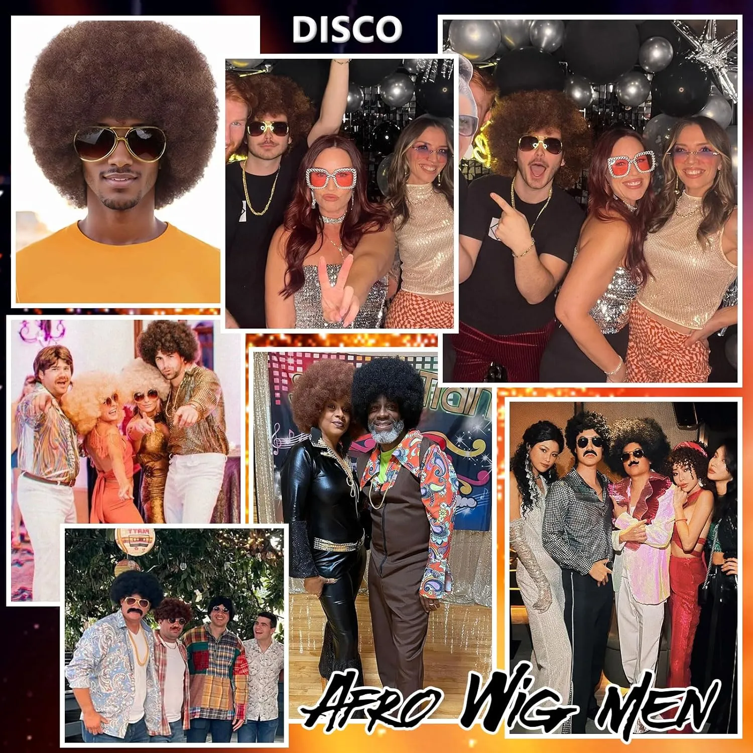 70S Men’s Afro Wig for Disco Party, 5pcs Set (Glasses  Necklace  Mustache  Wig Cap) Brown Mix Blonde Afro Curly Hippie Rocker Wigs for 70S 80S Costume Halloween Cosplay Use