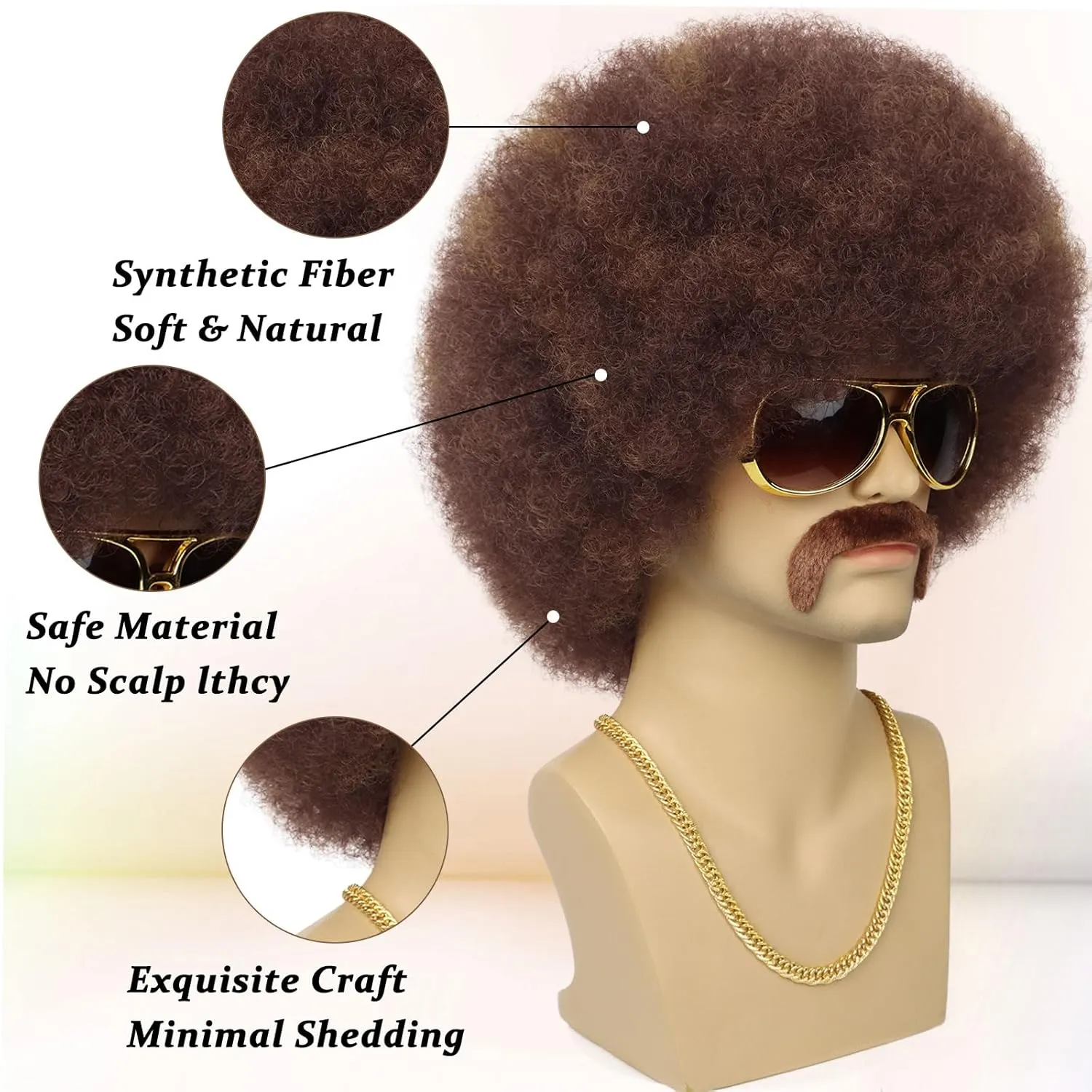 70S Men’s Afro Wig for Disco Party, 5pcs Set (Glasses  Necklace  Mustache  Wig Cap) Brown Mix Blonde Afro Curly Hippie Rocker Wigs for 70S 80S Costume Halloween Cosplay Use