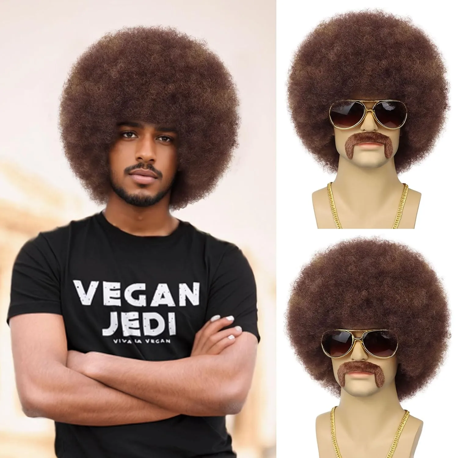 70S Men’s Afro Wig for Disco Party, 5pcs Set (Glasses  Necklace  Mustache  Wig Cap) Brown Mix Blonde Afro Curly Hippie Rocker Wigs for 70S 80S Costume Halloween Cosplay Use