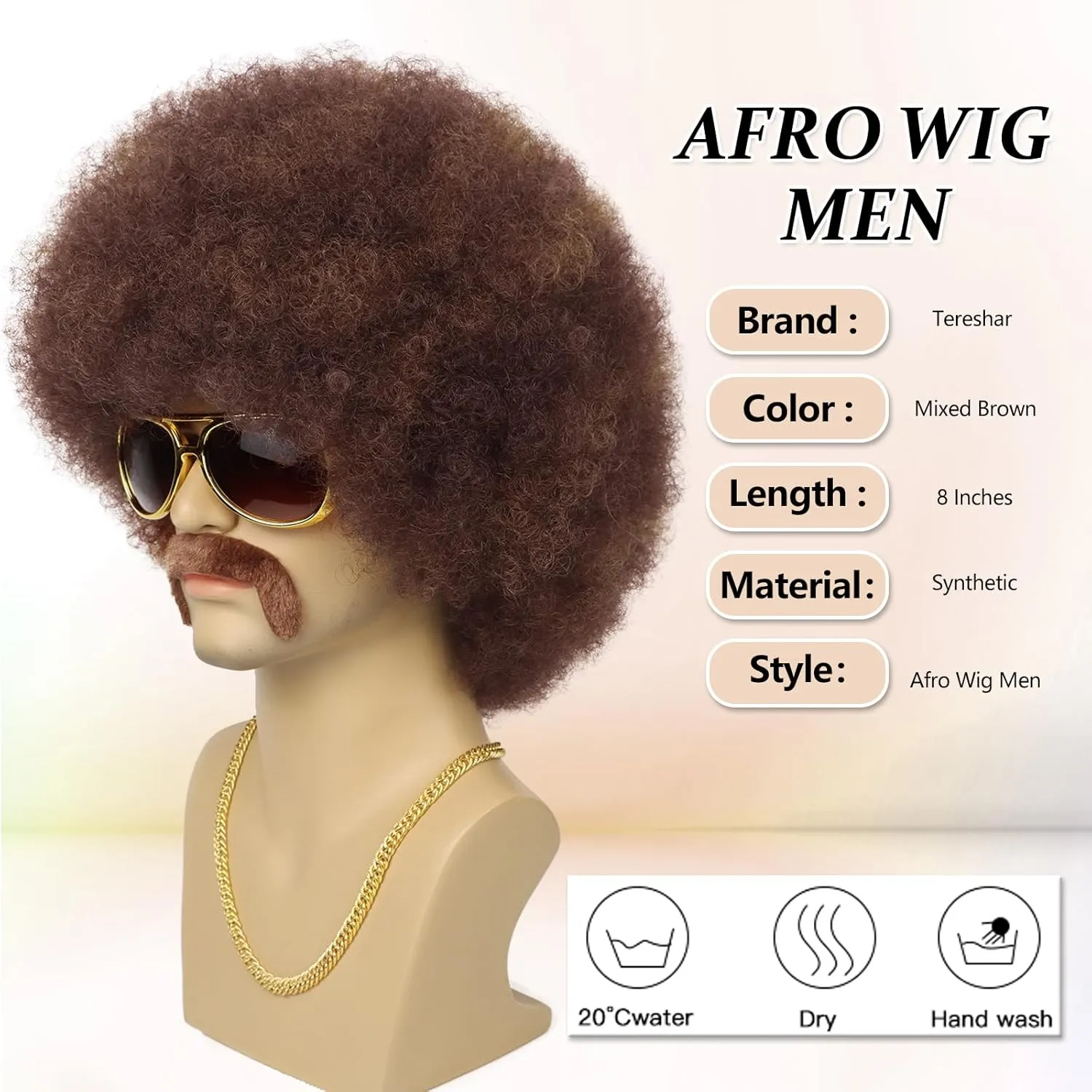 70S Men’s Afro Wig for Disco Party, 5pcs Set (Glasses  Necklace  Mustache  Wig Cap) Brown Mix Blonde Afro Curly Hippie Rocker Wigs for 70S 80S Costume Halloween Cosplay Use