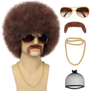 70S Men’s Afro Wig for Disco Party, 5pcs Set (Glasses  Necklace  Mustache  Wig Cap) Brown Mix Blonde Afro Curly Hippie Rocker Wigs for 70S 80S Costume Halloween Cosplay Use