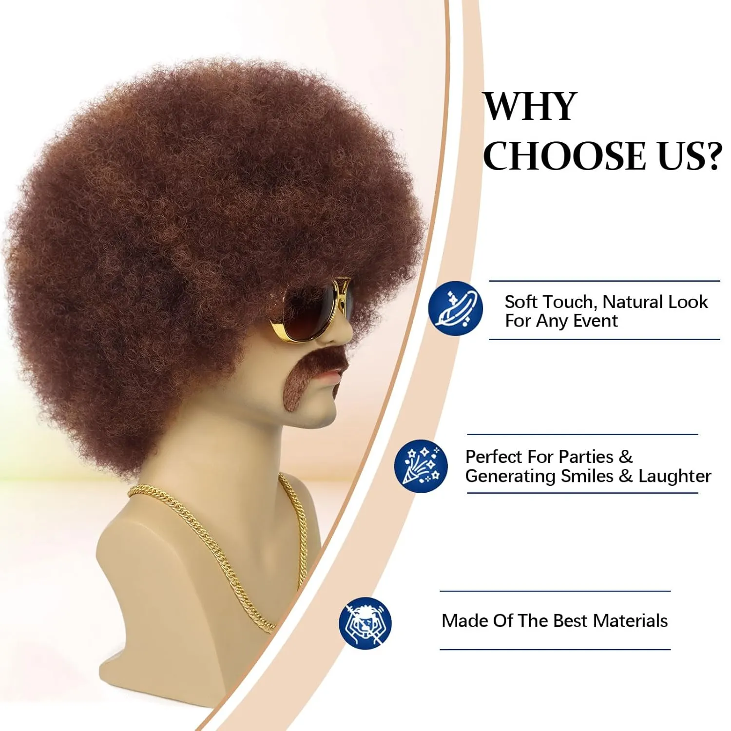 70S Men’s Afro Wig for Disco Party, 5pcs Set (Glasses  Necklace  Mustache  Wig Cap) Brown Mix Blonde Afro Curly Hippie Rocker Wigs for 70S 80S Costume Halloween Cosplay Use