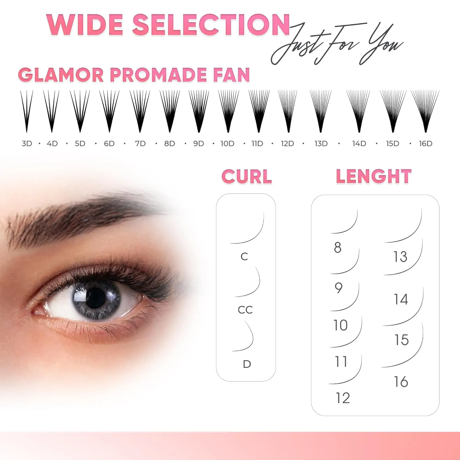 750 Promade Fans Loose Mix, Natural Eyelashes Extensions 3D-16D, Handmade Individual Lashes 0.03/0.05/0.07mm Thickness, C CC D, 8-16mm Length for Fluffy Eyelash Cluster (6D-0.07-D, 14-15-16mm)