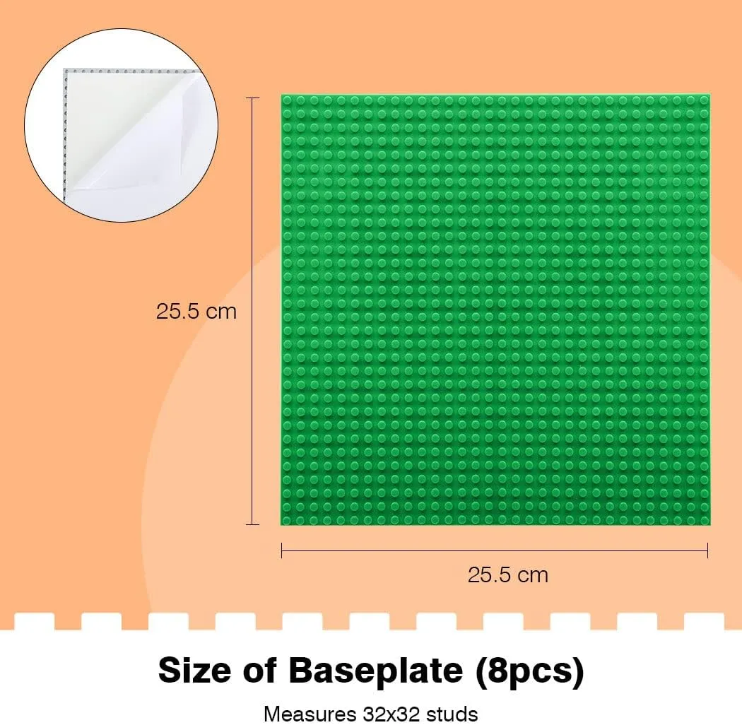 8 Pack Peel-and-Stick Building Baseplates, 10”x10” Classic Self-Adhesive Boards - 100% Compatible with All Major Brands, Sturdy Stacking Play Table Top, Green/Grey/Blue/White
