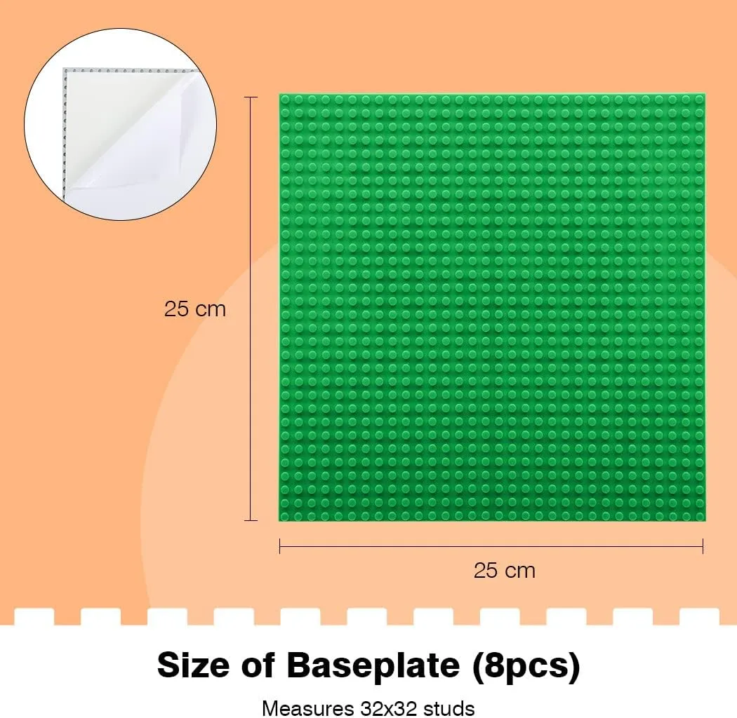 8 Pack Peel-and-Stick Building Baseplates, 10”x10” Classic Self-Adhesive Boards - 100% Compatible with All Major Brands, Sturdy Stacking Play Table Top, Green/Grey/White/Sand