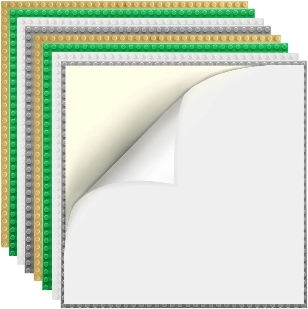 8 Pack Peel-and-Stick Building Baseplates, 10”x10” Classic Self-Adhesive Boards - 100% Compatible with All Major Brands, Sturdy Stacking Play Table Top, Green/Grey/White/Sand