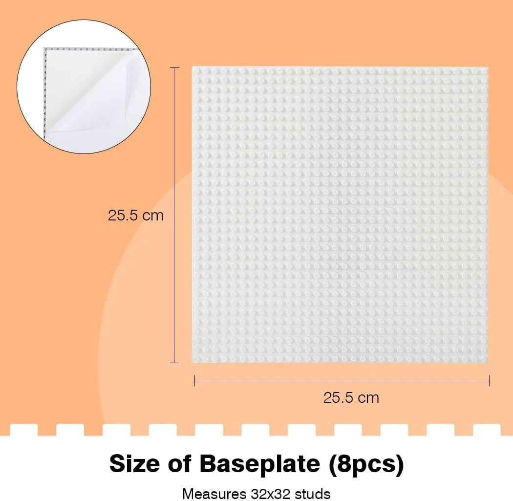 8 Pack Peel-and-Stick Building Baseplates, 10”x10” Classic Self-Adhesive Building Boards - 100% Compatible with All Major Brands of Toy Building Sets, Sturdy Stacking Play Table Top, White