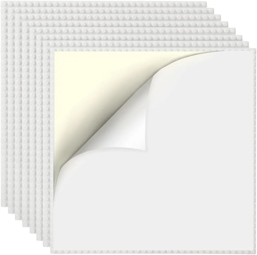 8 Pack Peel-and-Stick Building Baseplates, 10”x10” Classic Self-Adhesive Building Boards - 100% Compatible with All Major Brands of Toy Building Sets, Sturdy Stacking Play Table Top, White