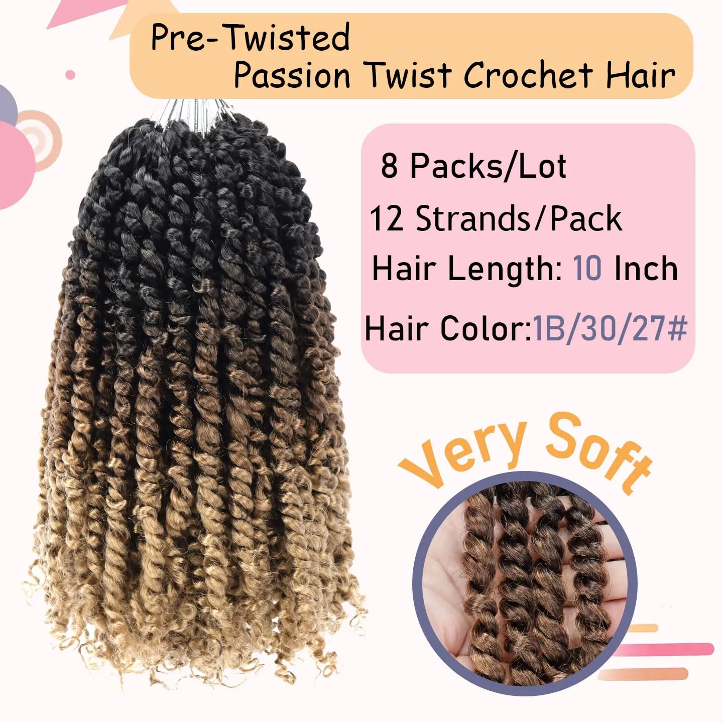 8 Packs Passion Twist Hair 10 Inch Pre-twisted Passion Twist Crochet Hair Pre-looped Crochet Braids for Women Passion Twists Braiding Hair Synthetic Hair Extensions (12Strands/Pack; T1B/30/27#)