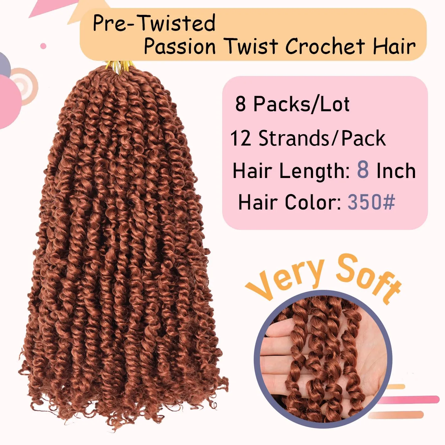 8 Packs Passion Twist Hair 8 Inch Pre-twisted Passion Twist Crochet Hair Pre-looped Crochet Braids Hair for Women Passion Twists Braiding Hair Synthetic Hair Extensions (12Strands/Pack; 350#)