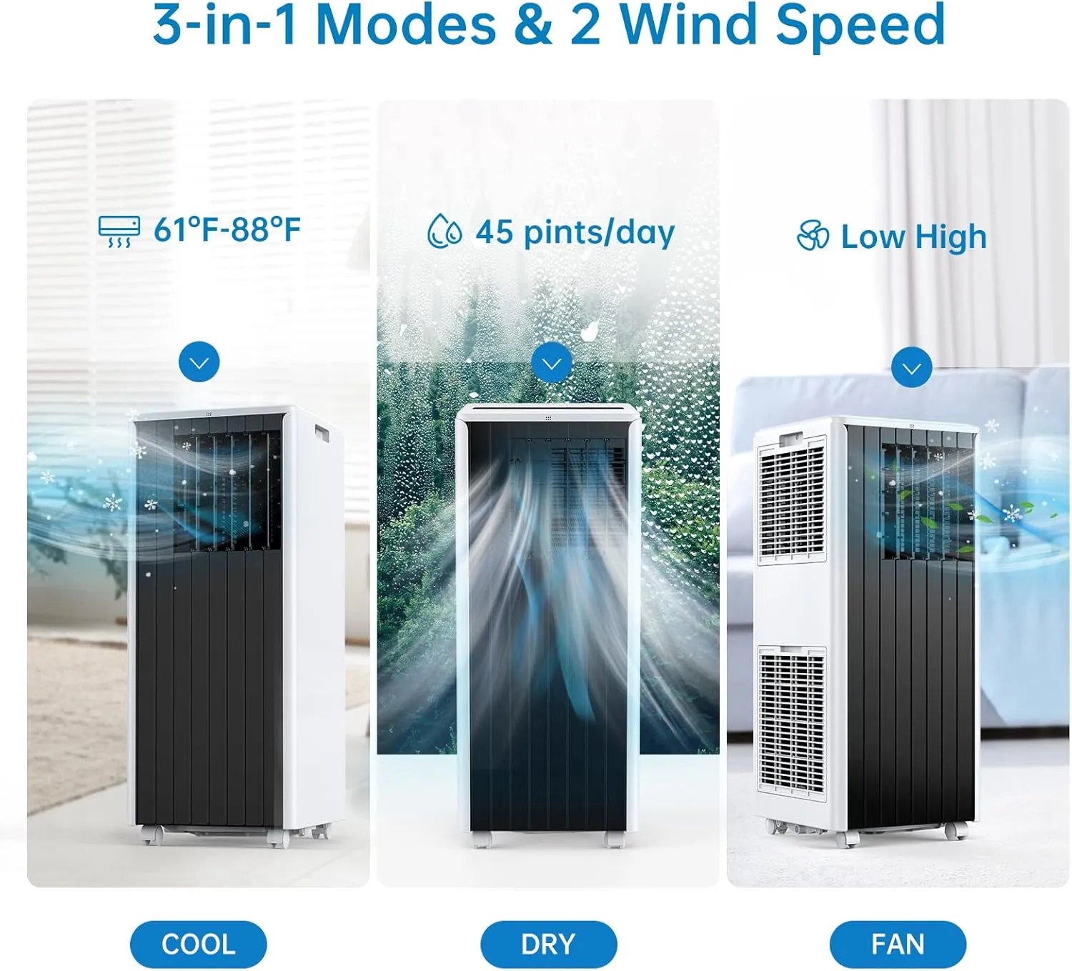 8000 BTUs Portable Air Conditioner with Efficient Cooling, Quiet Portable Cooling AC Up to 350 Sq.Ft. with Dehumidifier, Fan, Sleep Modes, 3-in-1 AC Unit with 24H Timer, Black