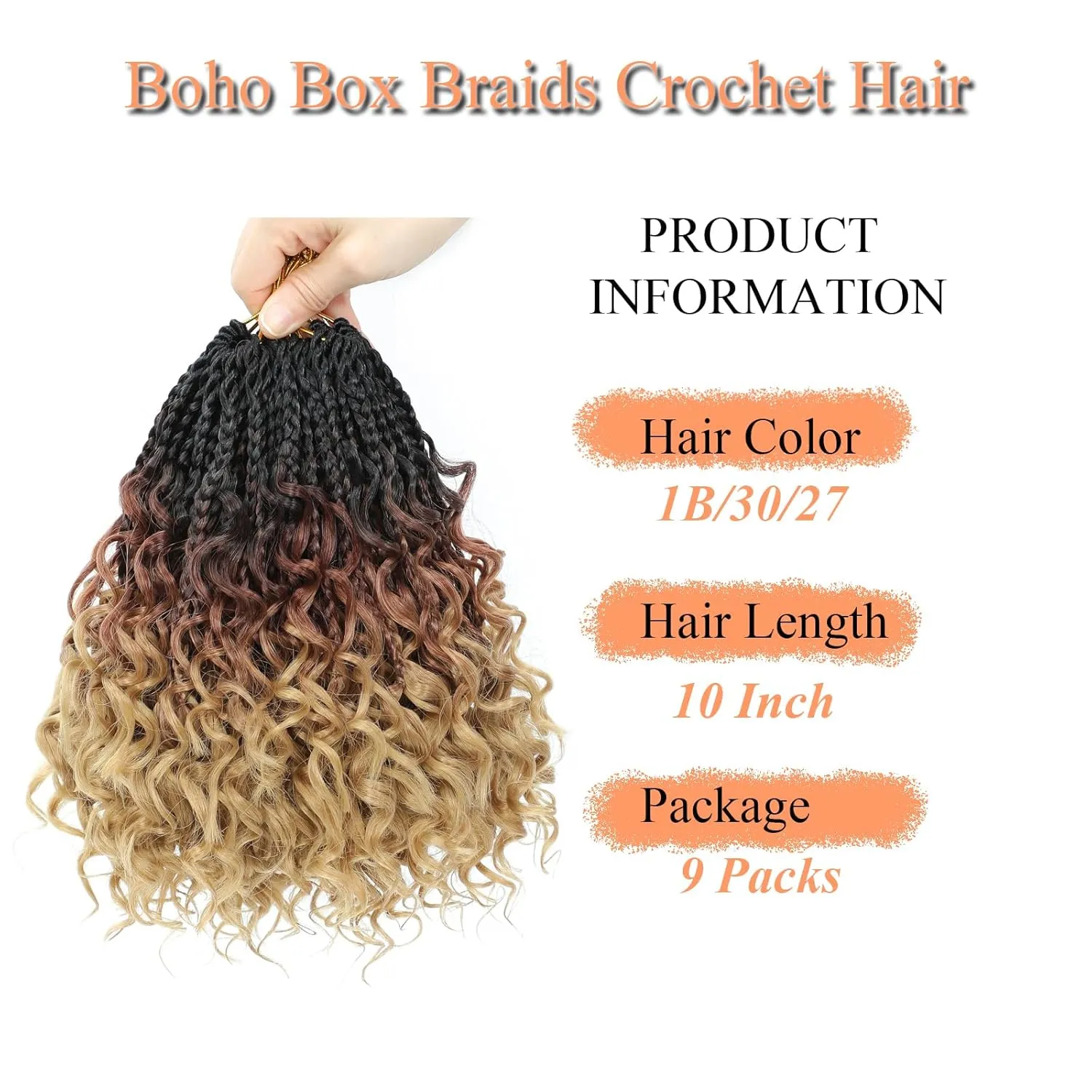 9 Packs Goddess Box Braids Crochet Hair 10 Inch Pre Looped Boho Crochet Braid With Curly Ends Synthetic Boho Box Braids Crochet Hair For Women (10 Inch, 1B/30/27)