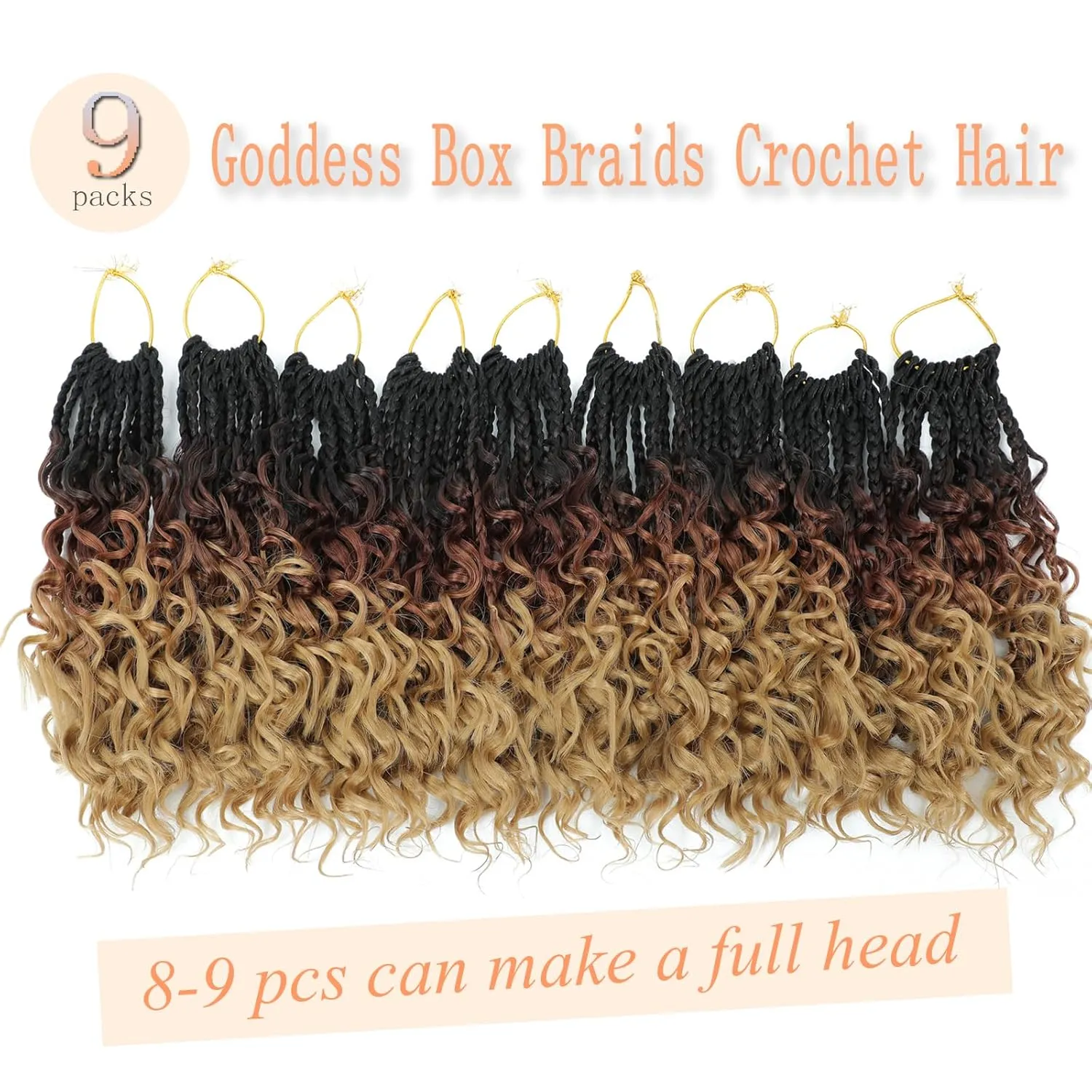 9 Packs Goddess Box Braids Crochet Hair 10 Inch Pre Looped Boho Crochet Braid With Curly Ends Synthetic Boho Box Braids Crochet Hair For Women (10 Inch, 1B/30/27)