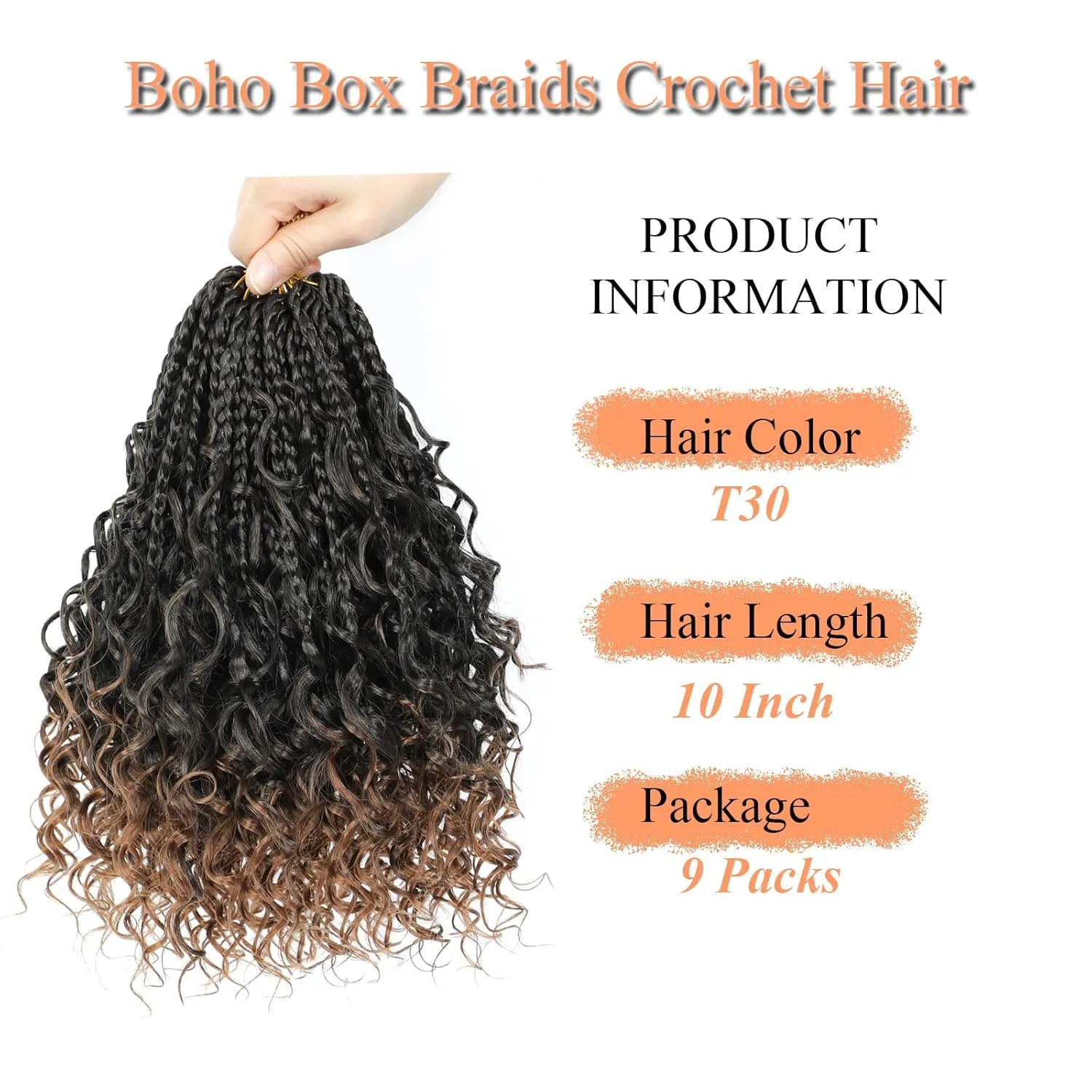 9 Packs Goddess Box Braids Crochet Hair 10 Inch Pre Looped Boho Crochet Braids Box Braids Crochet Hair With Curly Ends Crochet Braids Bohemian Synthetic Hair For Women (10 Inch, 1B/30)