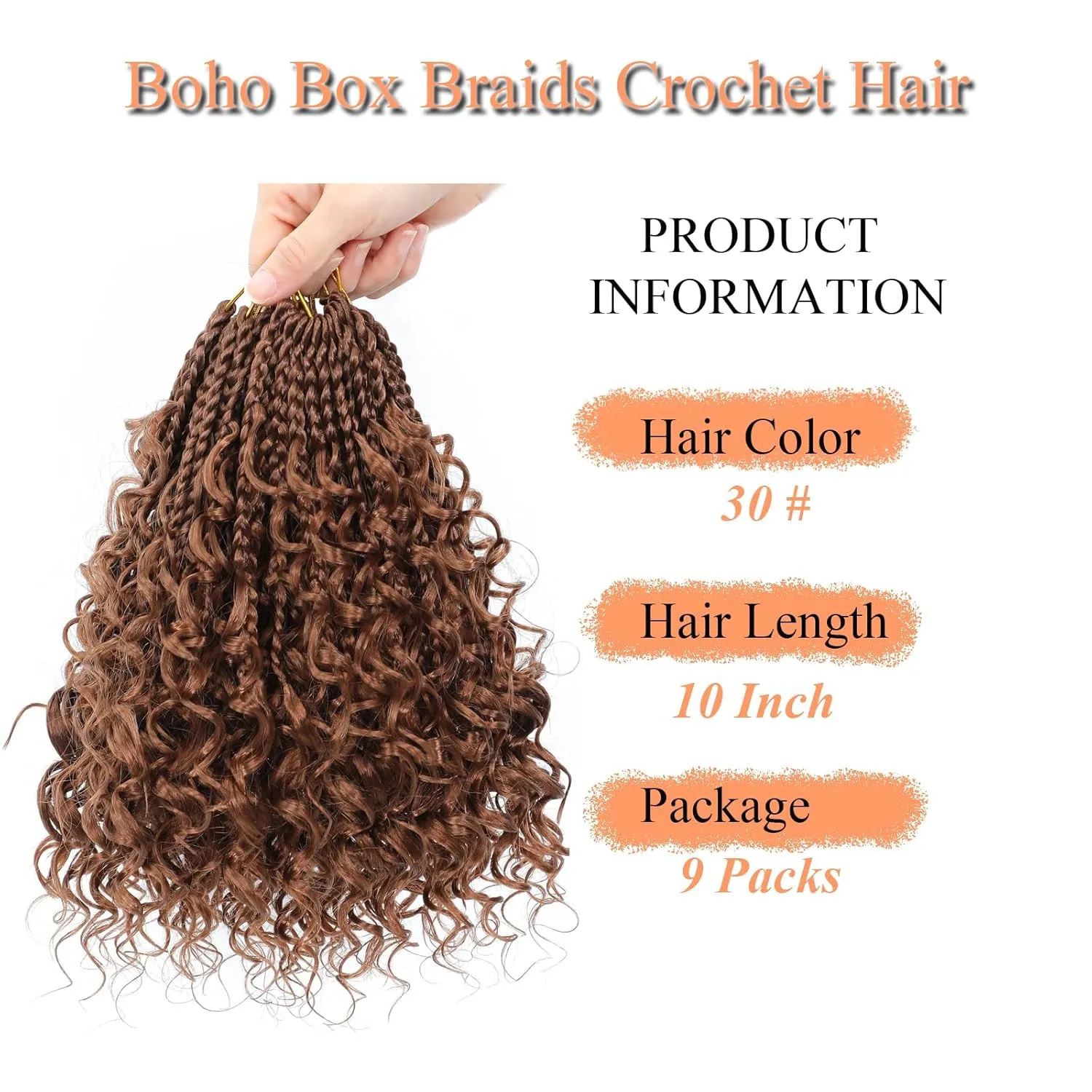 9 Packs Goddess Box Braids Crochet Hair 10 Inch Pre Looped Boho Crochet Braids With Curly Ends Synthetic Boho Box Braid Crochet Hair For Women (10 Inch, 30#)