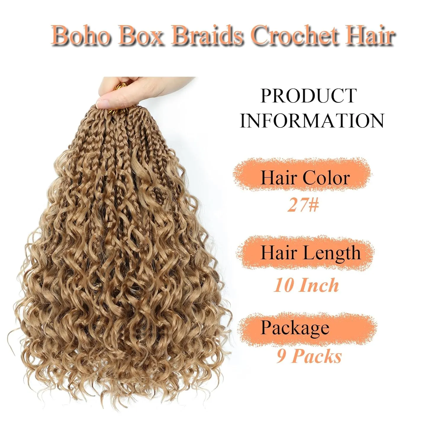 9 Packs Goddess Box Braids Crochet Hair 10 Inch Pre Looped Boho Crochet Braids With Curly Ends Synthetic Boho Box Braids Crochet Hair For Women (10 Inch, 27#)