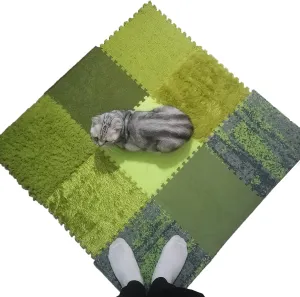9 Tiles Sensory Mat, Foam Interlocking Carpet Tiles, Square Area Rugs Set Floor Mats, Fluffy Plush Puzzle Play Mat for Sensory Room Game Room Bedroom Indoor, Green, 9Sq.Ft