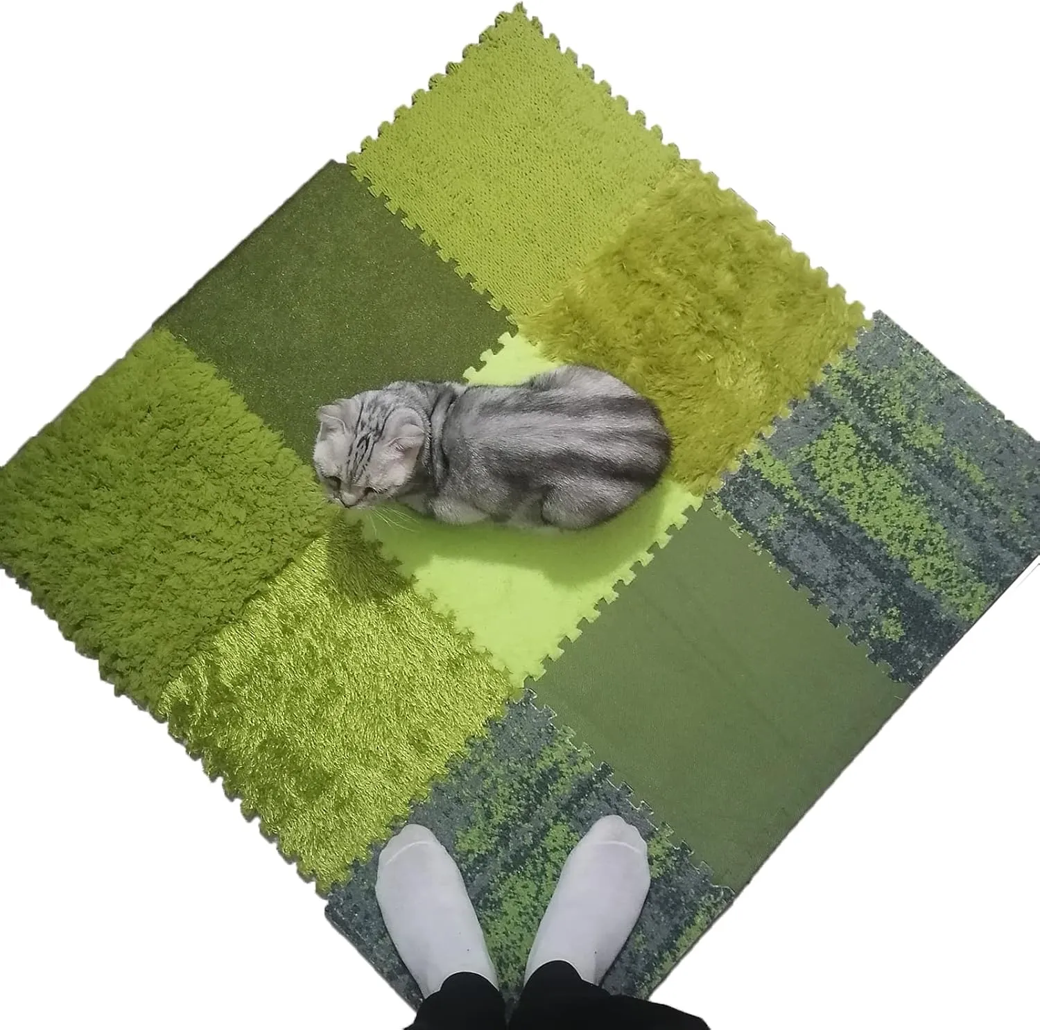 9 Tiles Sensory Mat, Foam Interlocking Carpet Tiles, Square Area Rugs Set Floor Mats, Fluffy Plush Puzzle Play Mat for Sensory Room Game Room Bedroom Indoor, Green, 9Sq.Ft