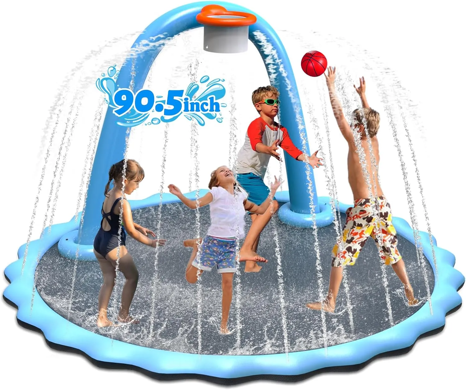 90.5'' Splash Pad, Non-Slip Sprinkler Mat with Basketball Hoop and Arch for Kids Outdoor Play, Shoot Game for Backyard, Inflatable Water Toys More Fun for Boys and Girls