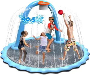 90.5'' Splash Pad, Non-Slip Sprinkler Mat with Basketball Hoop and Arch for Kids Outdoor Play, Shoot Game for Backyard, Inflatable Water Toys More Fun for Boys and Girls