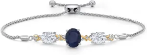 925 Silver & 10K Yellow Gold Blue Sapphire White Moissanite & Lab Grown Diamond Bracelet For Women | 6.06 Cttw | Gemstone September Birthstone | Oval 10X8MM and 8X6MM | Fully Adjustable 9 Inch